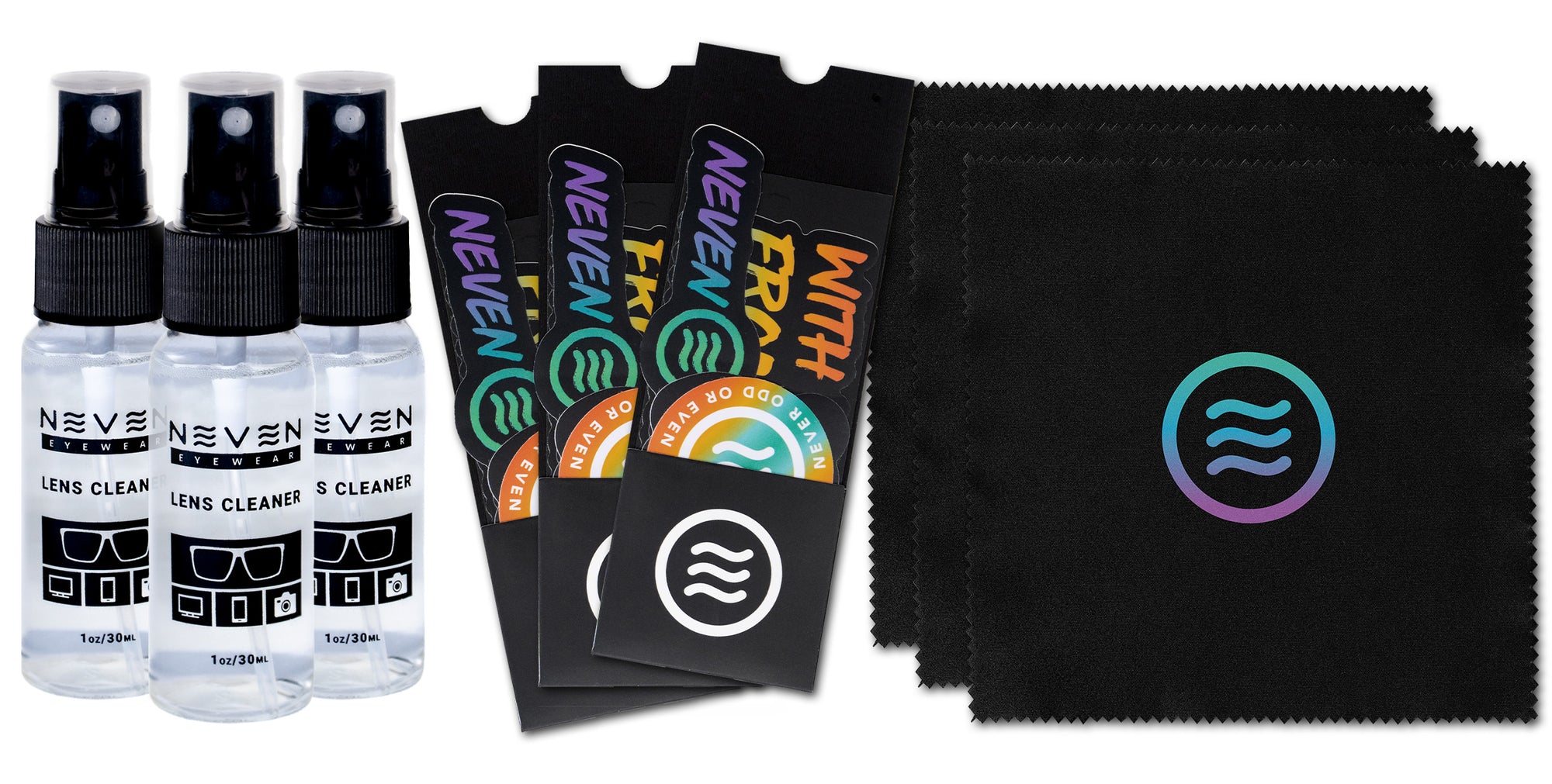 Three lens cleaning sprays, cleaning cloths, and stickers for Neven Eyewear.