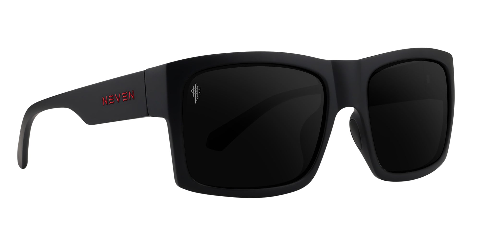 Black rectangular sunglasses with black lenses and red accents, brand NEVEN.