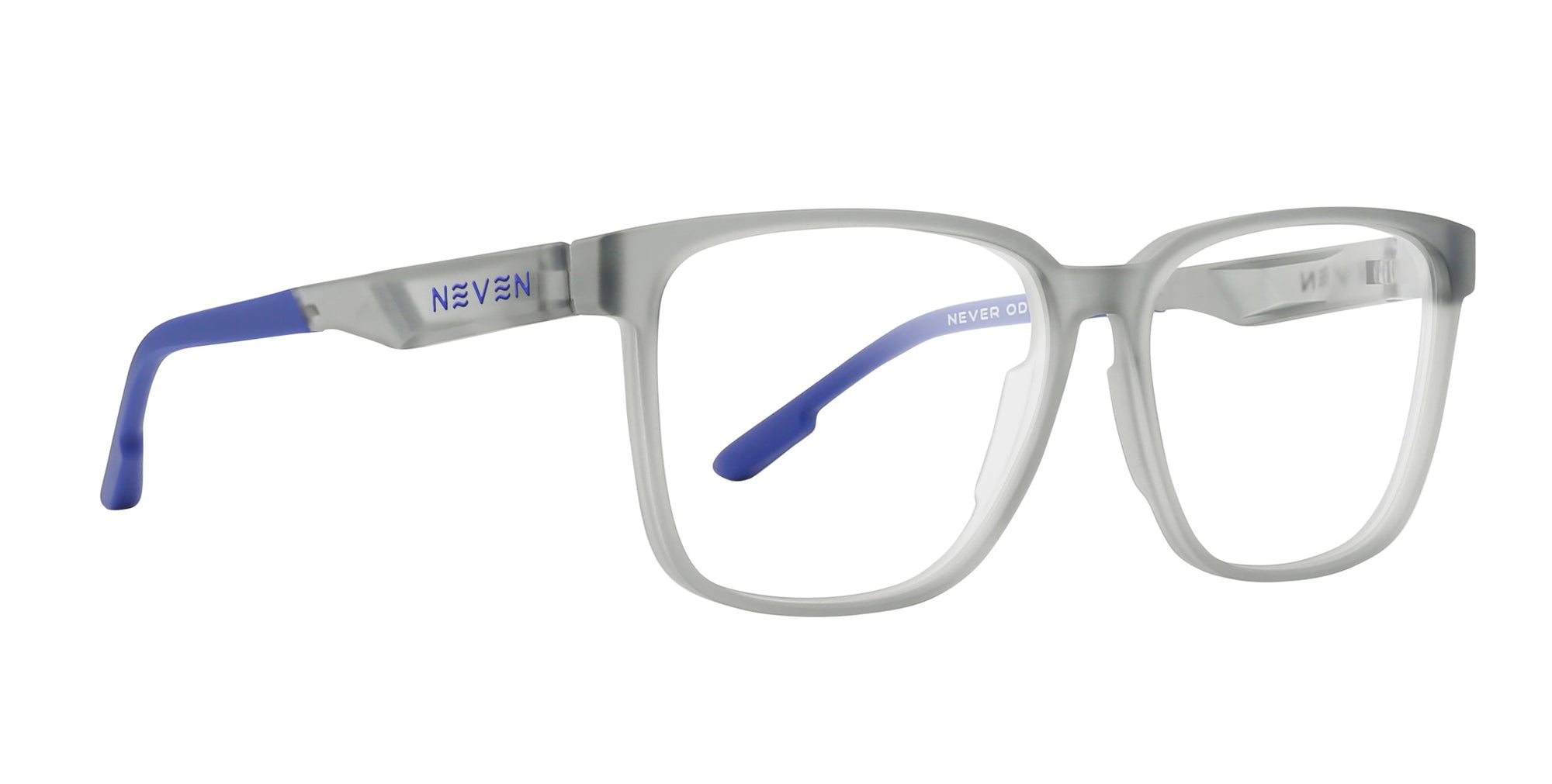 Transparent gray rectangular glasses with blue temples from the Bodhi Collection.