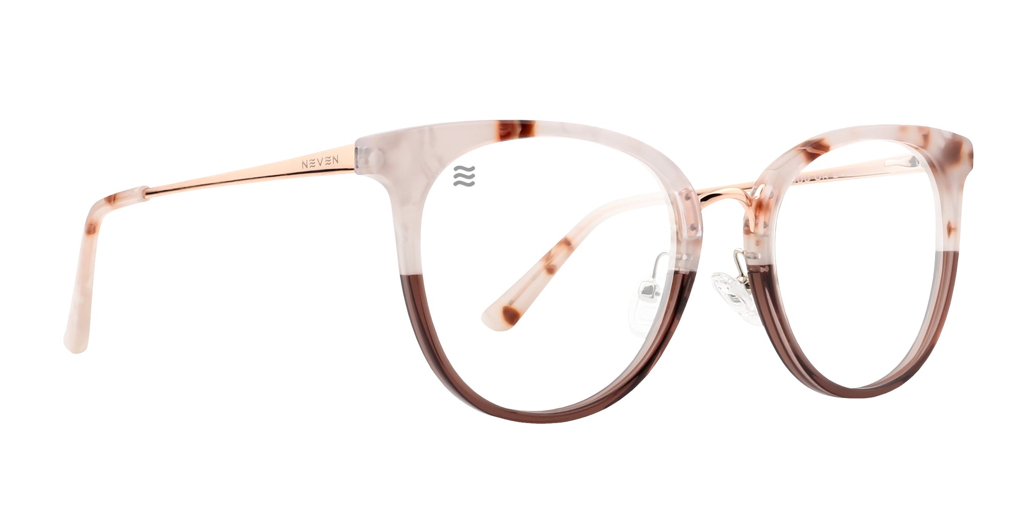 Baker pink/brown round prescription glasses from Neven Eyewear.