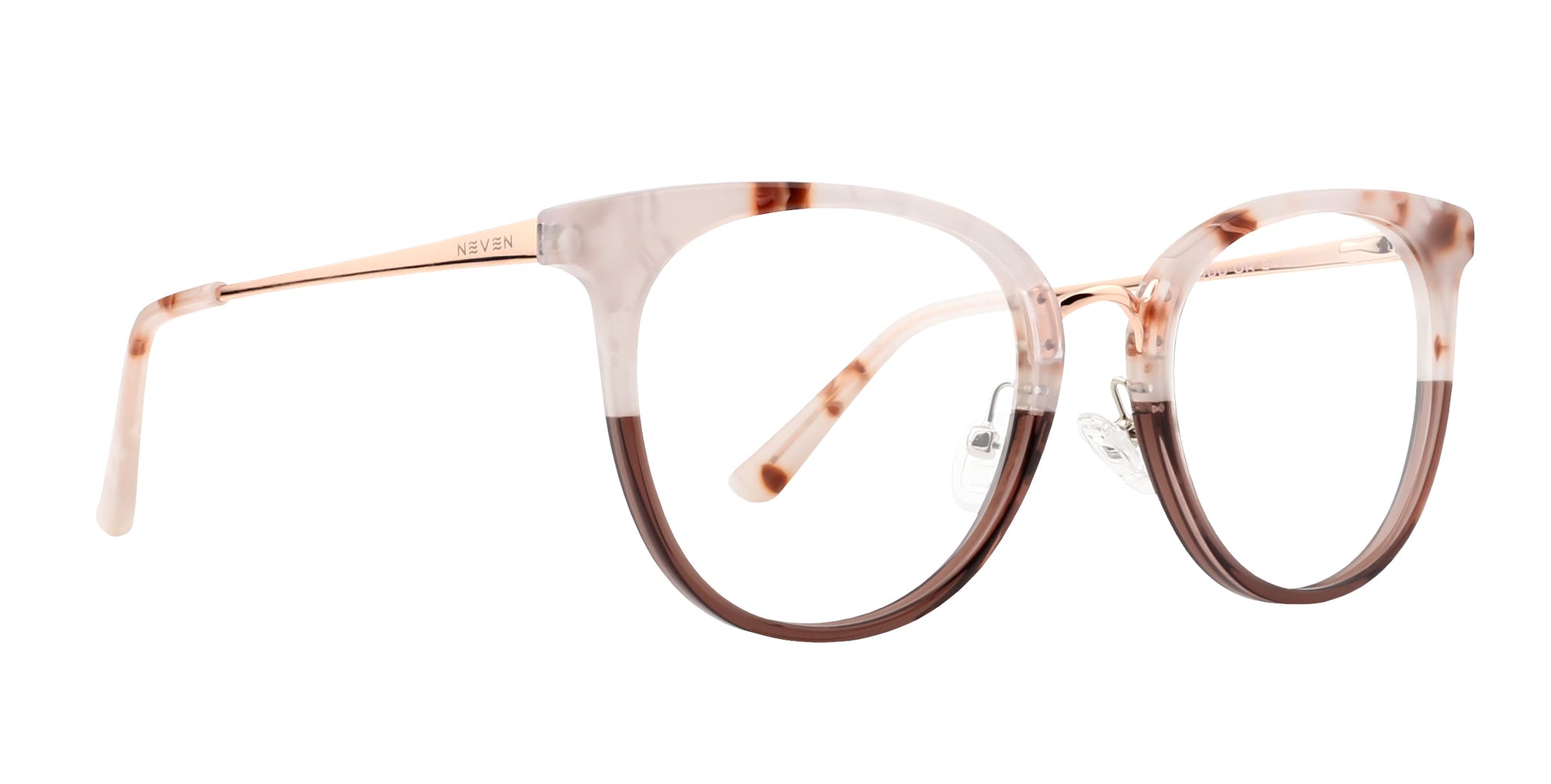 Baker pink/brown round prescription glasses from Neven Eyewear.