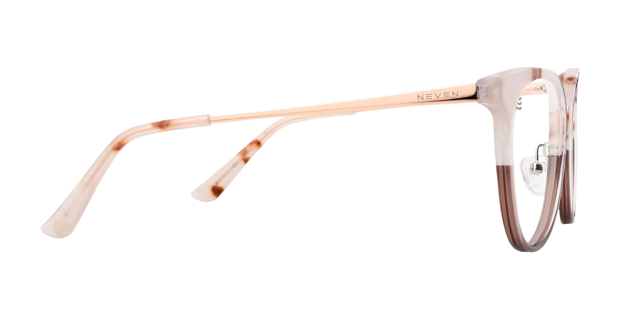 Baker pink/brown round prescription glasses from Neven Eyewear.