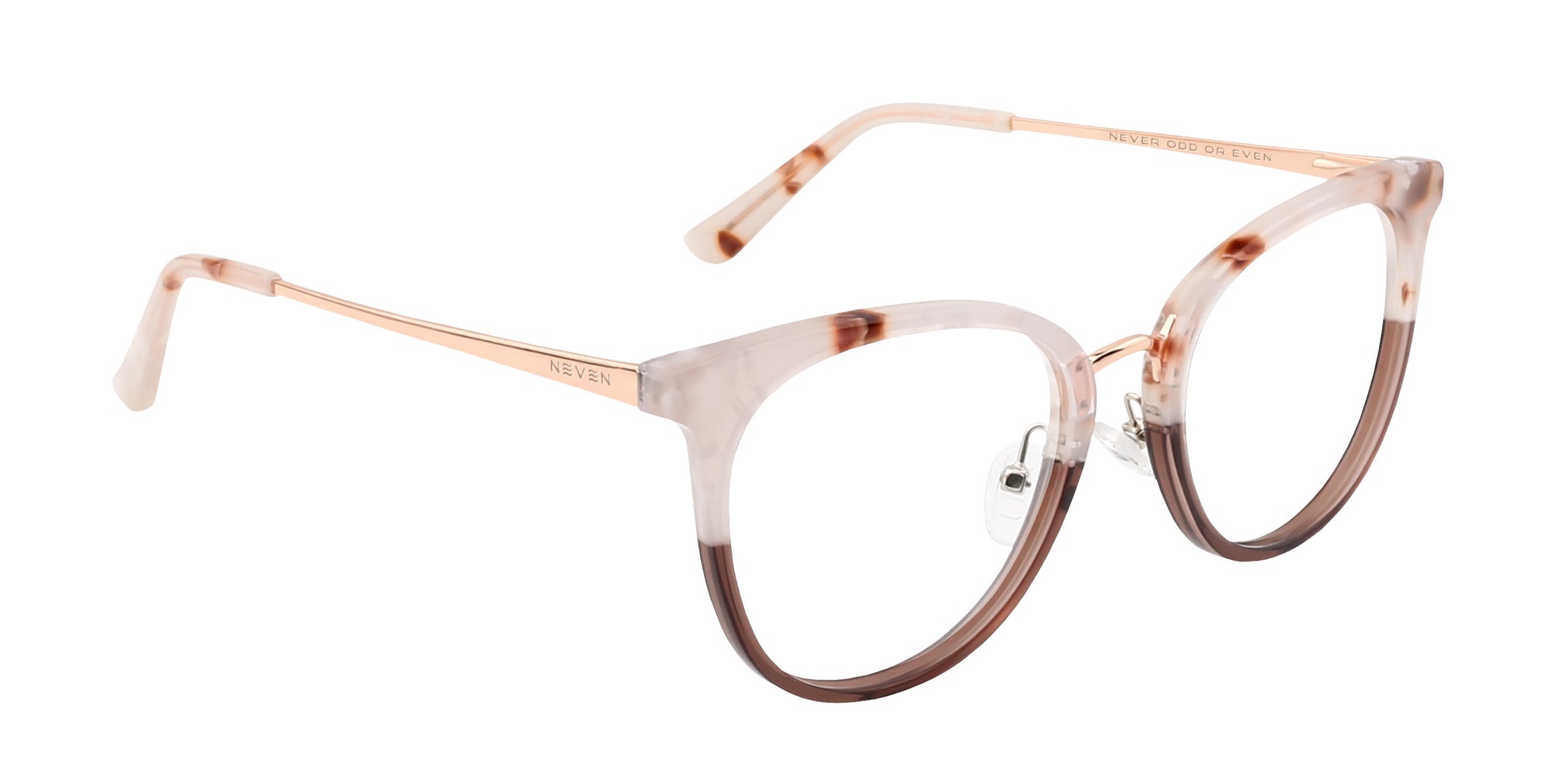 Baker pink/brown round prescription glasses from Neven Eyewear.