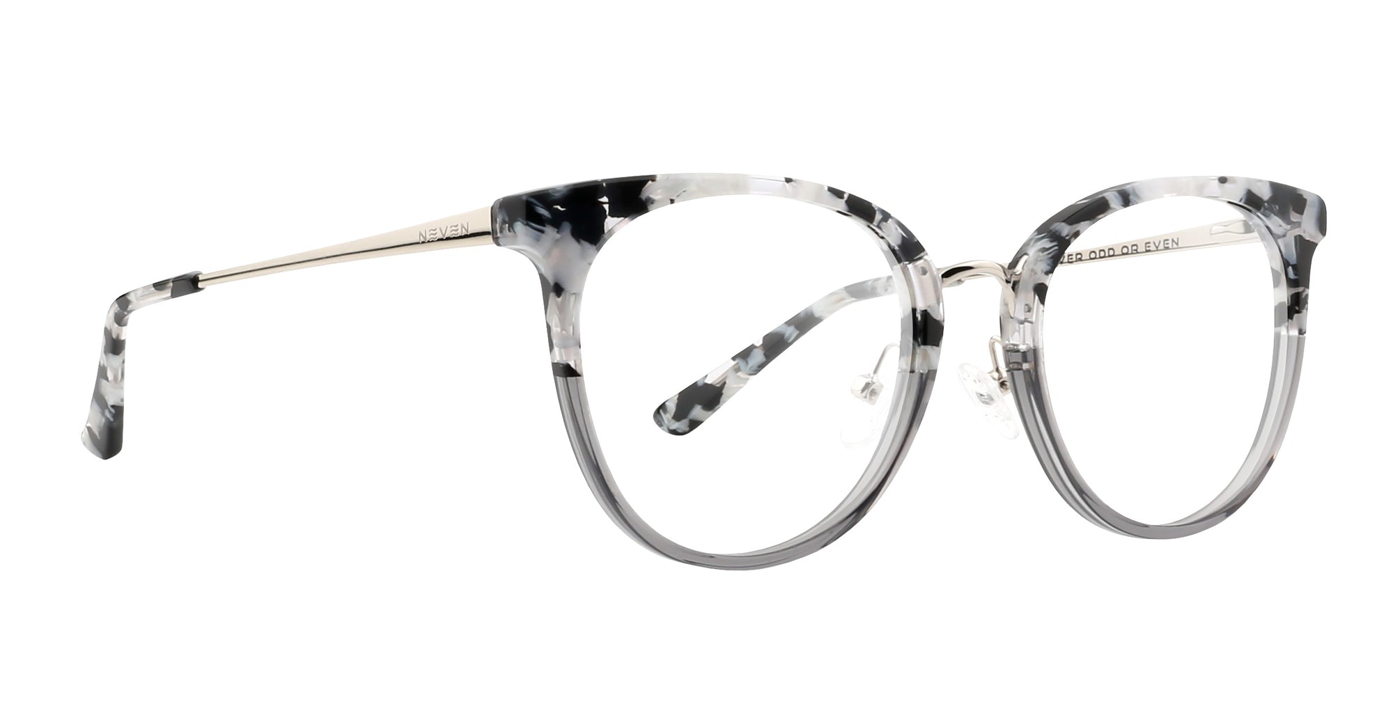 Robin oversized round glasses in glossy marbled tortoiseshell pattern with silver metal temples