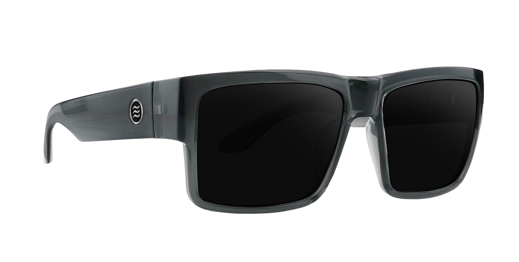 Banshee gray rectangular prescription glasses with dark lenses .