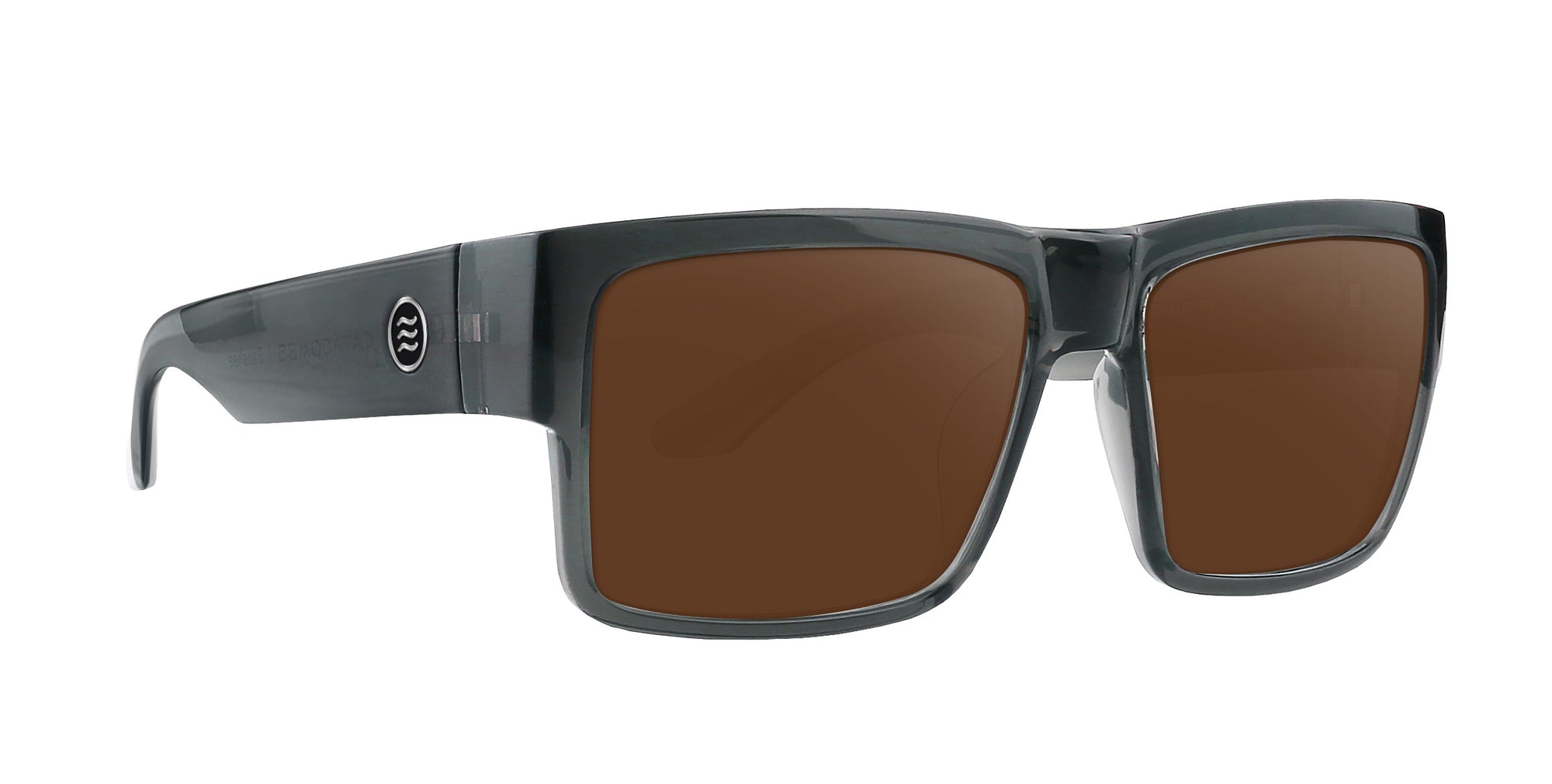 Banshee gray rectangular prescription glasses with brown lenses .