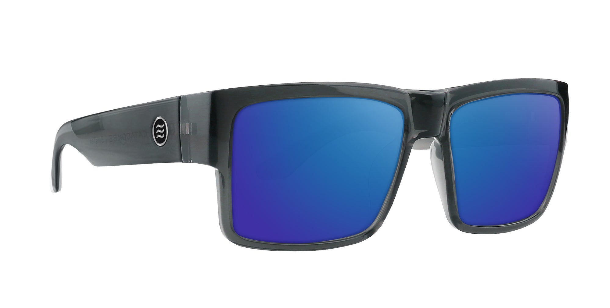 Banshee gray rectangular prescription glasses with blue lenses .