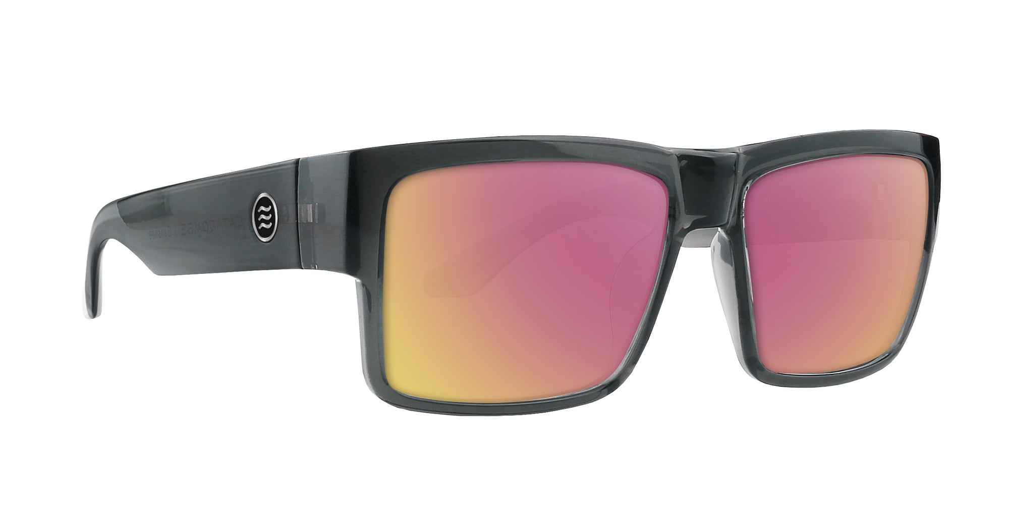 Banshee gray rectangular prescription glasses with pink gradient lenses .