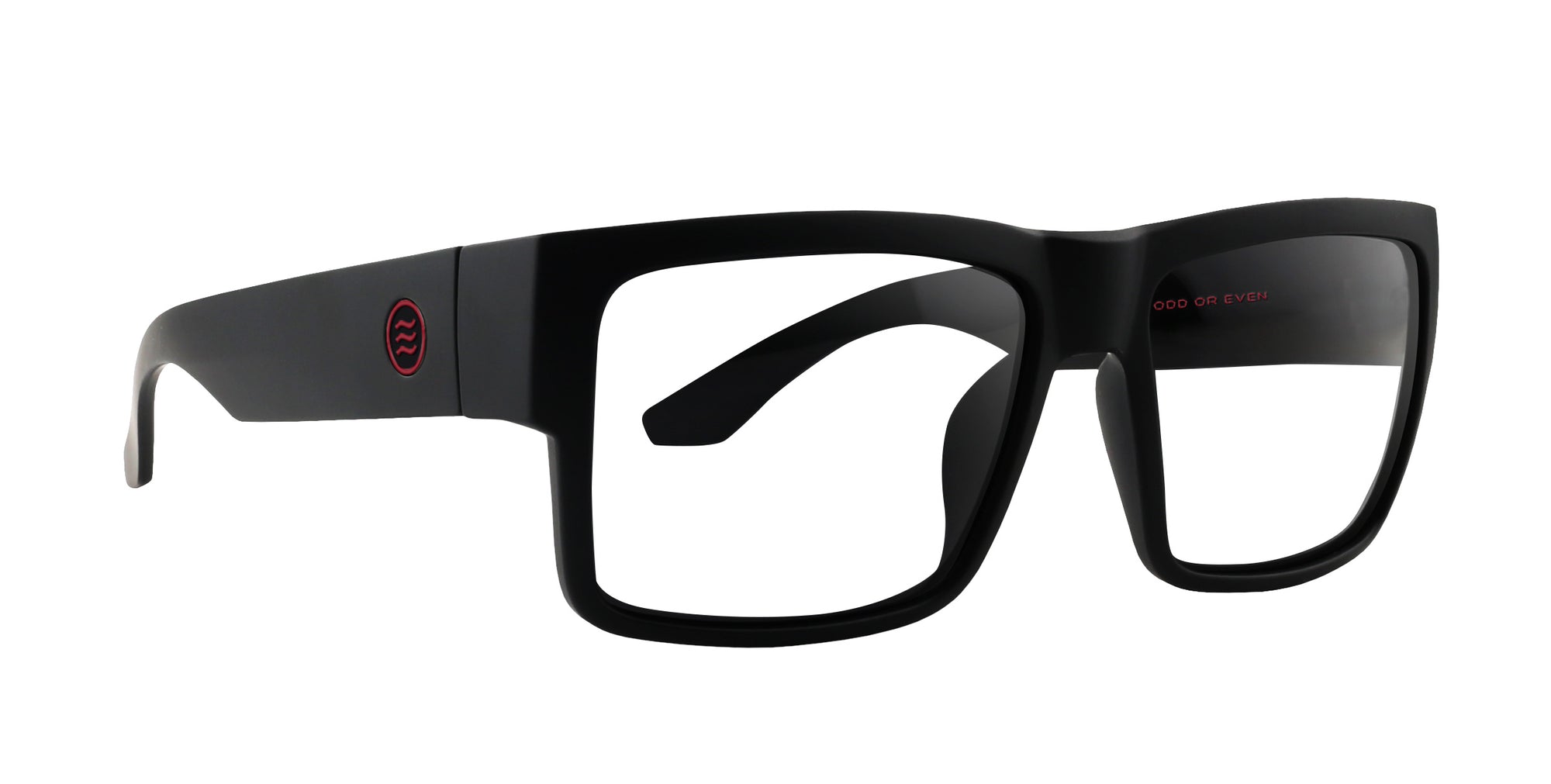 Black rectangular Havoc glasses with red logo on the side