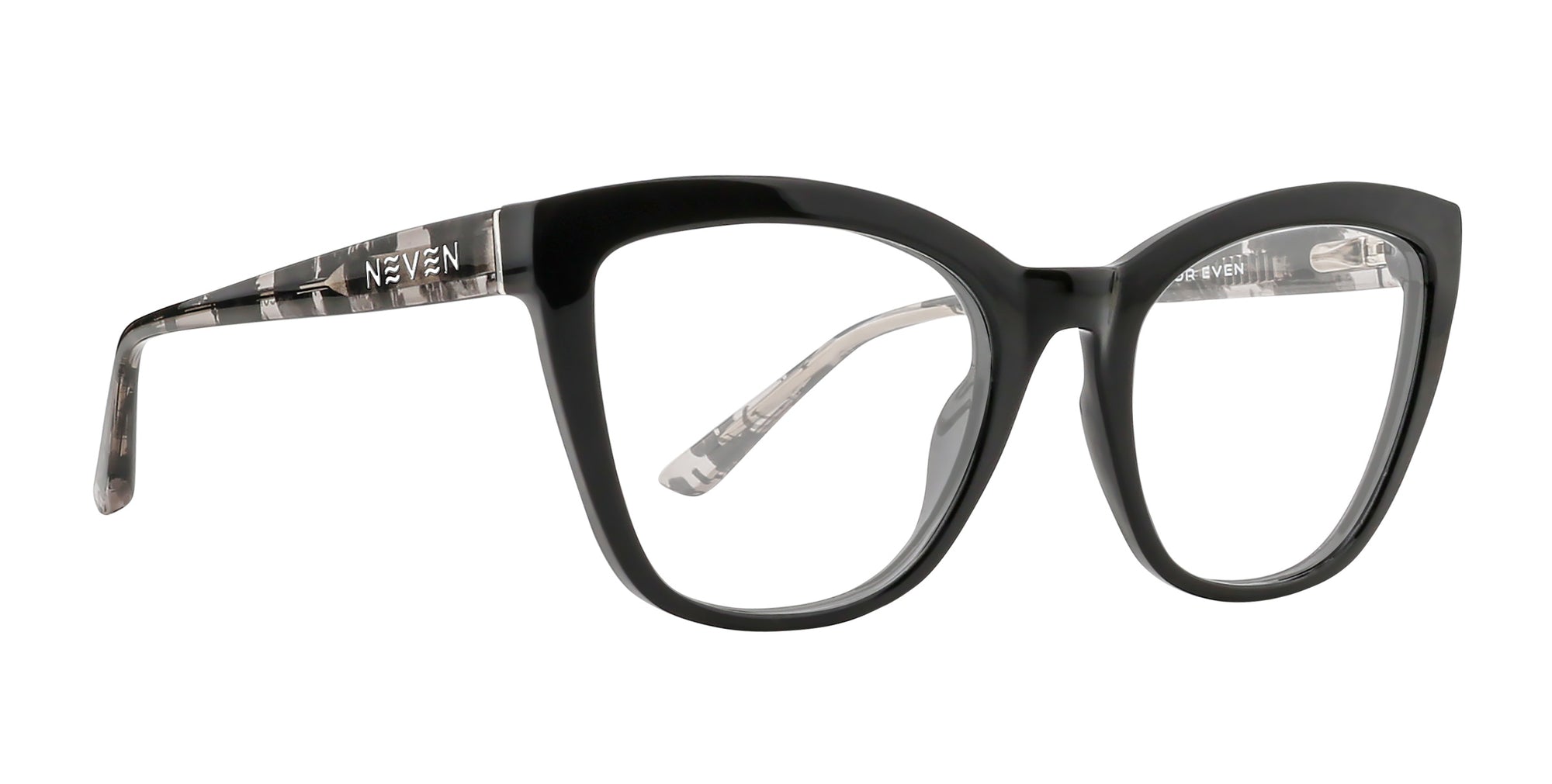 Coral cat-eye glasses with black glossy front and grey tortoiseshell temples and clear lenses