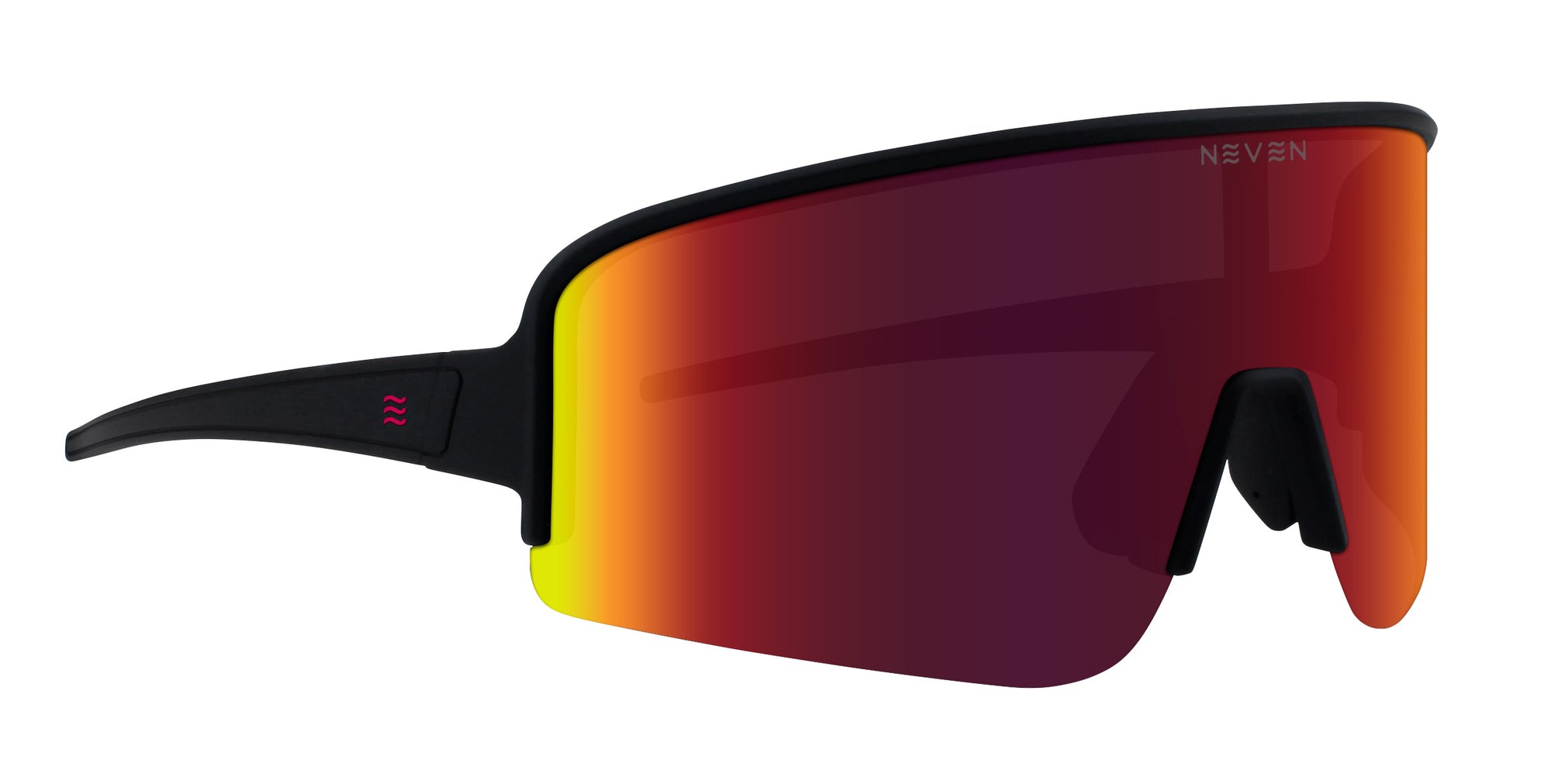 Cadence black wraparound polarized sunglasses with red-orange lenses.