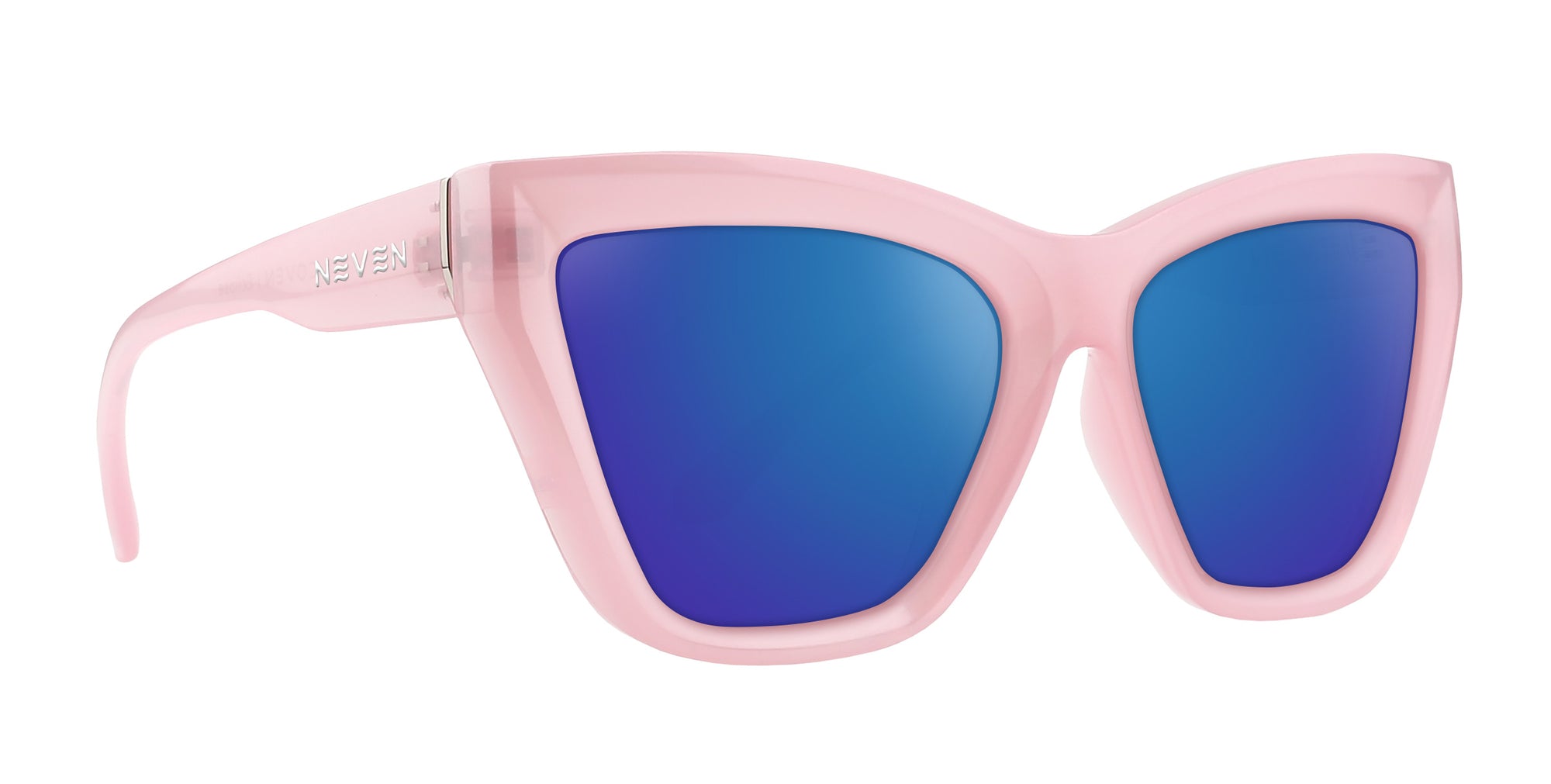 Eclipse pink cat-eye prescription glasses with blue lenses.