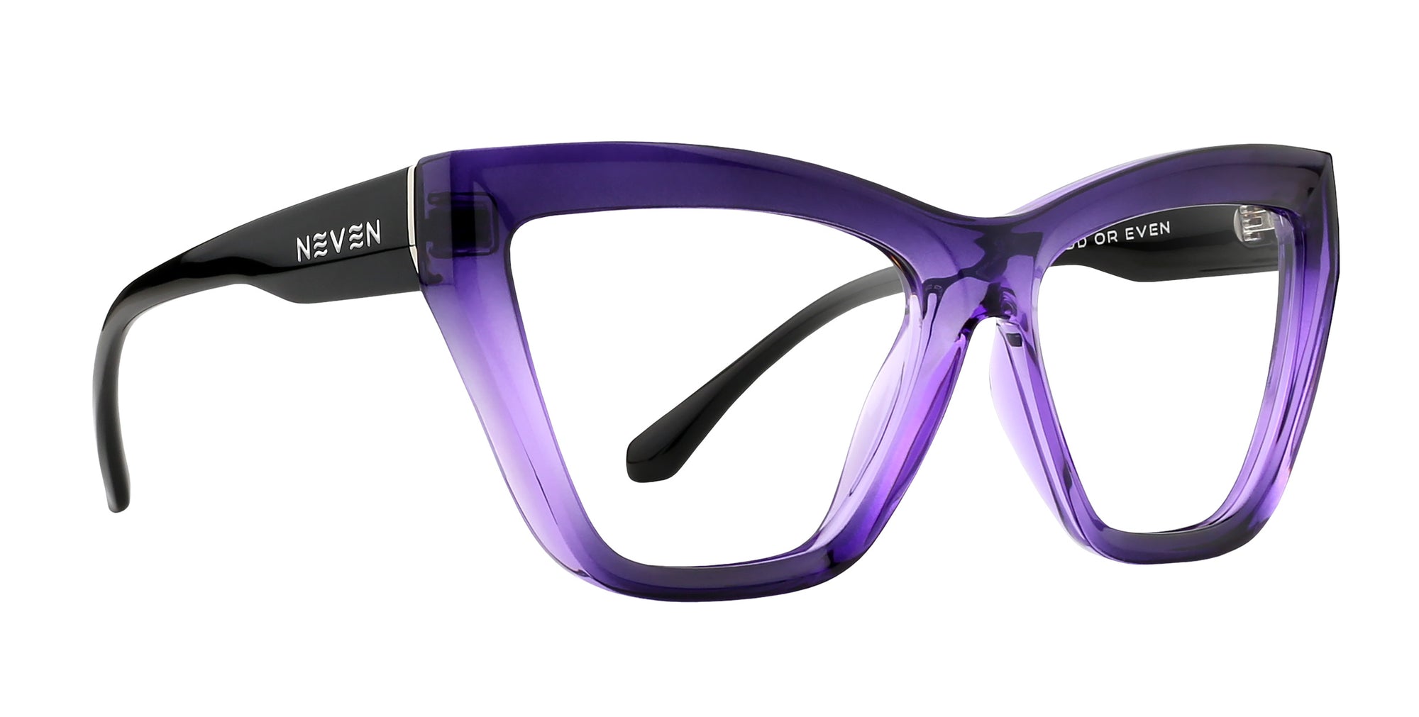 Purple cat-eye glasses with clear lenses