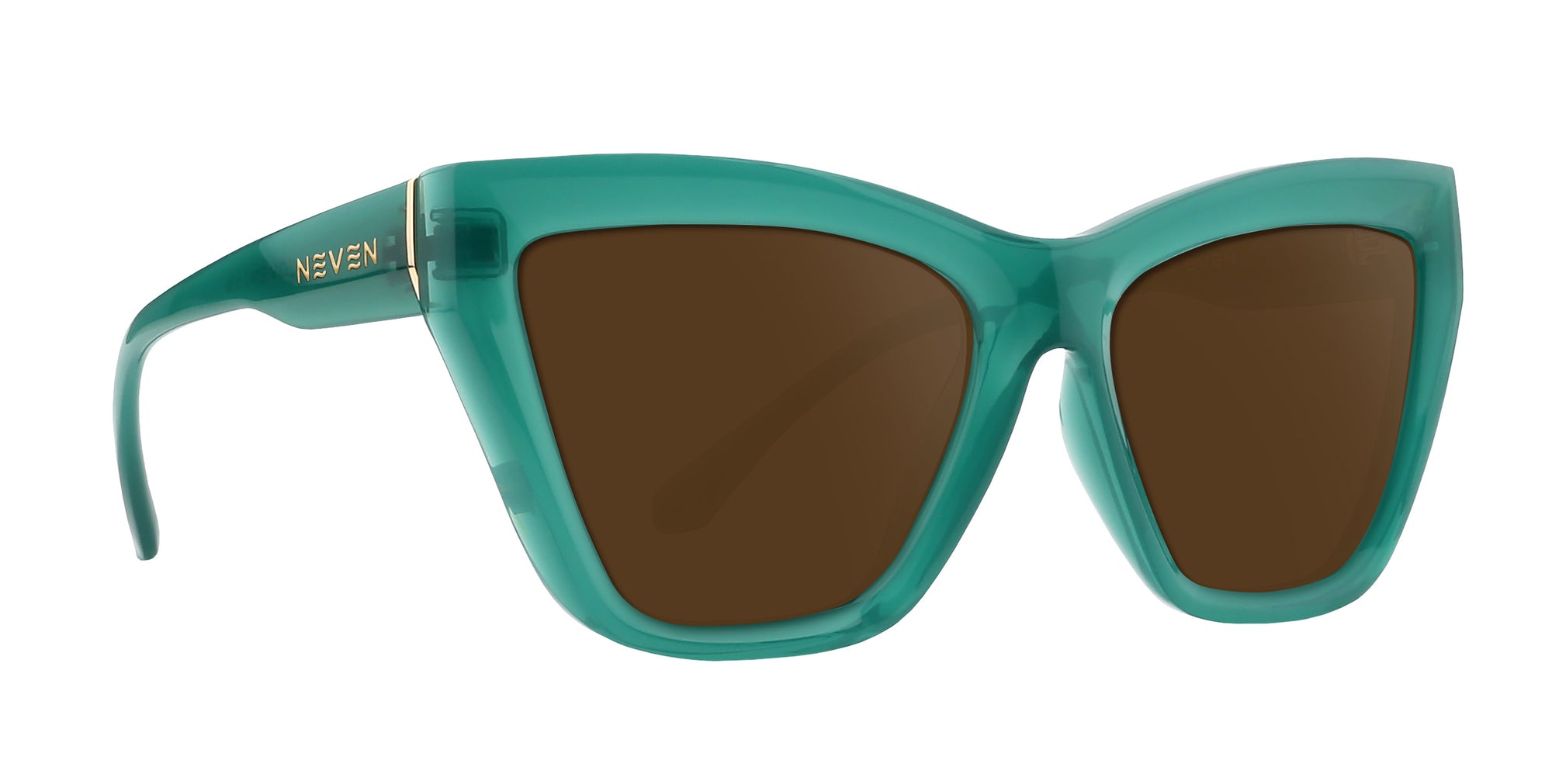 Iris green cat-eye polarized sunglasses with brown lenses.