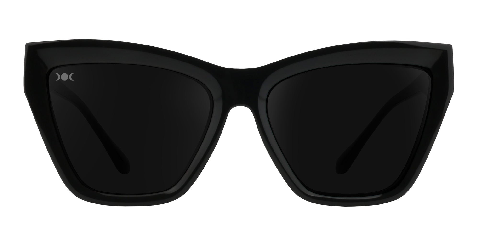 Nocturnal black cat-eye sunglasses with dark lenses.