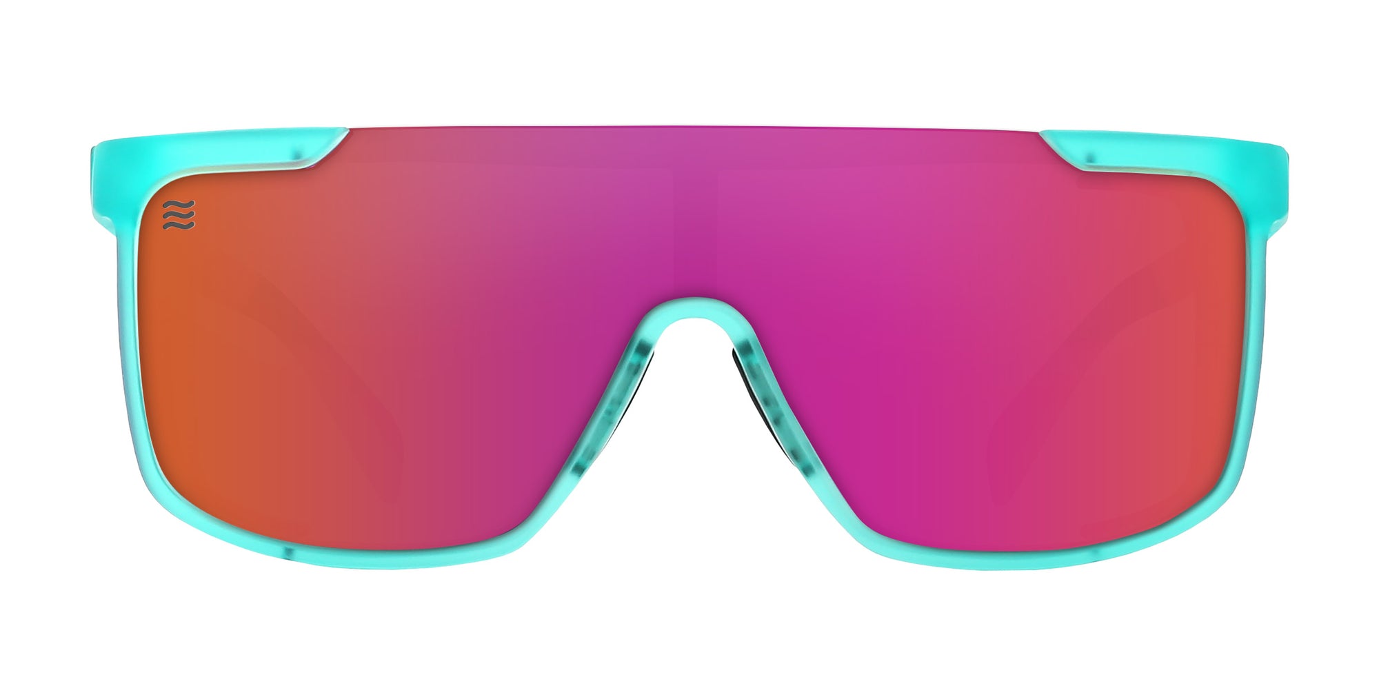 T.D.K. sunglasses with a large, pink colorful lens design and a turquoise frame.