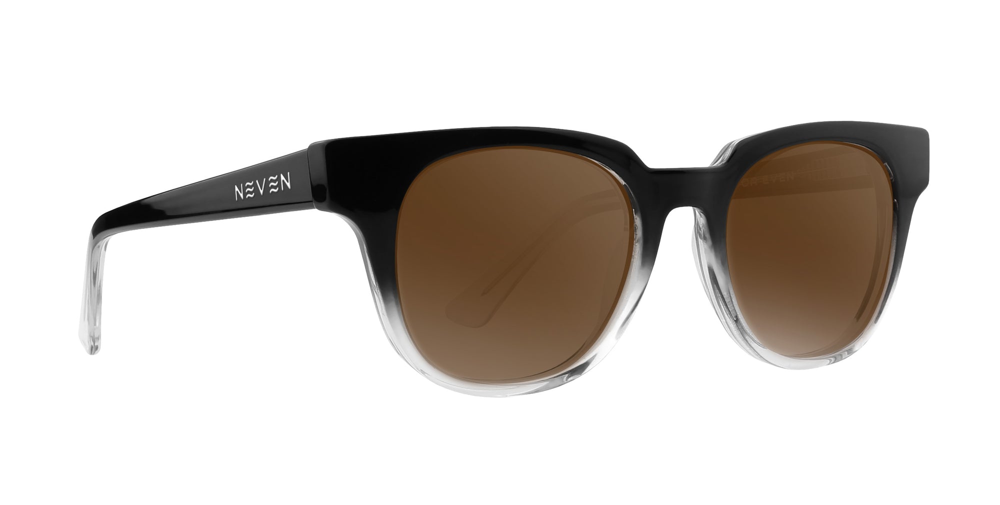 Fang rectangular prescription glasses with black top and transparent rim and brown lenses.