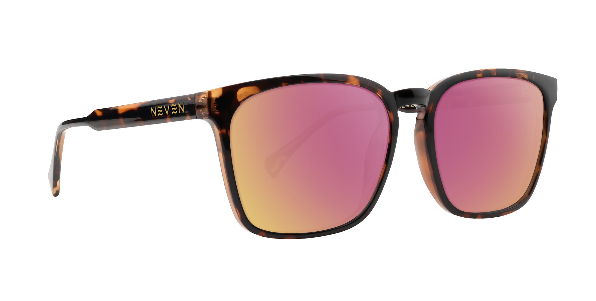 Chazz tortoiseshell rectangular prescription glasses with pink mirrored lenses .