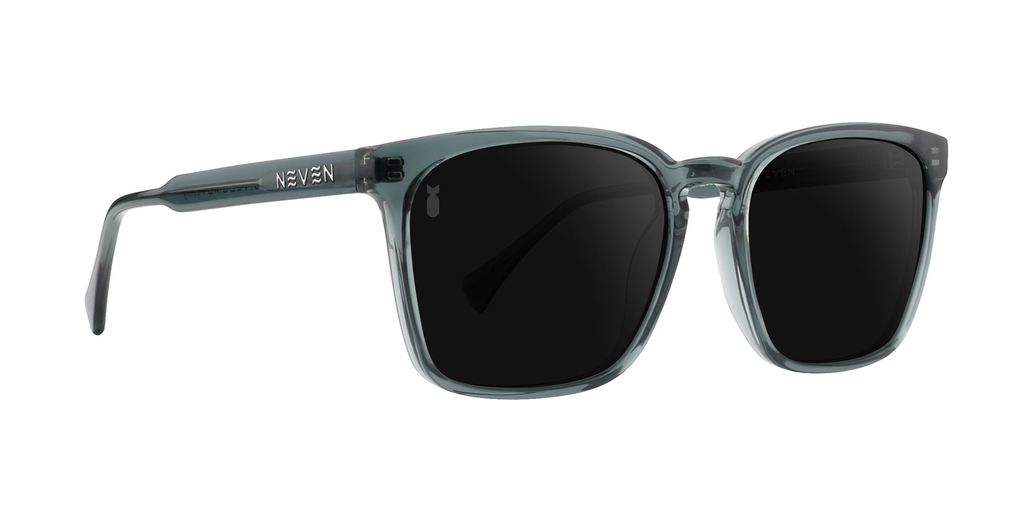 Lenny polarized sunglasses in clear rectangle frame with black lenses.