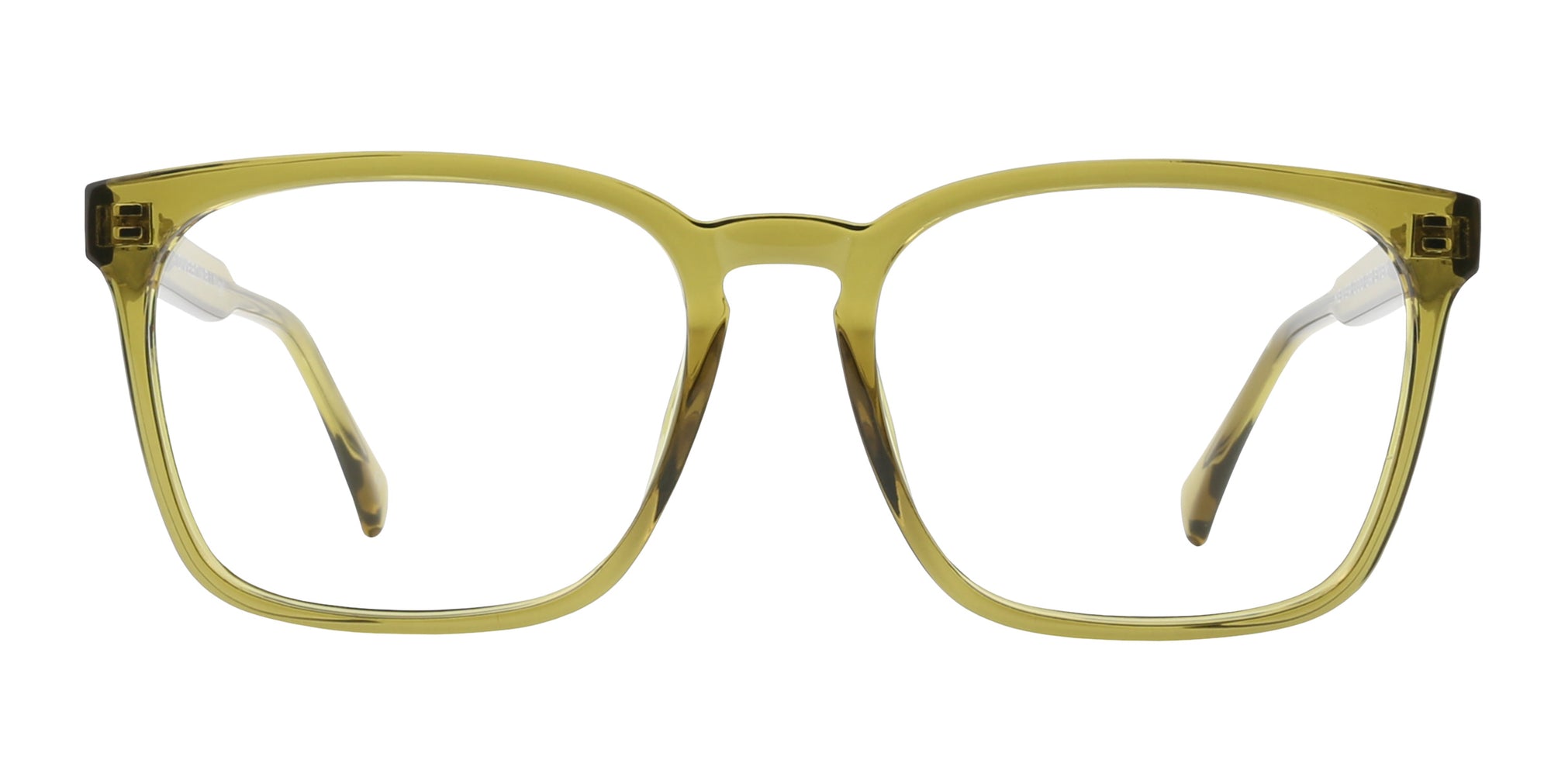 Front view of Nigel prescription glasses in transparent olive green frame.