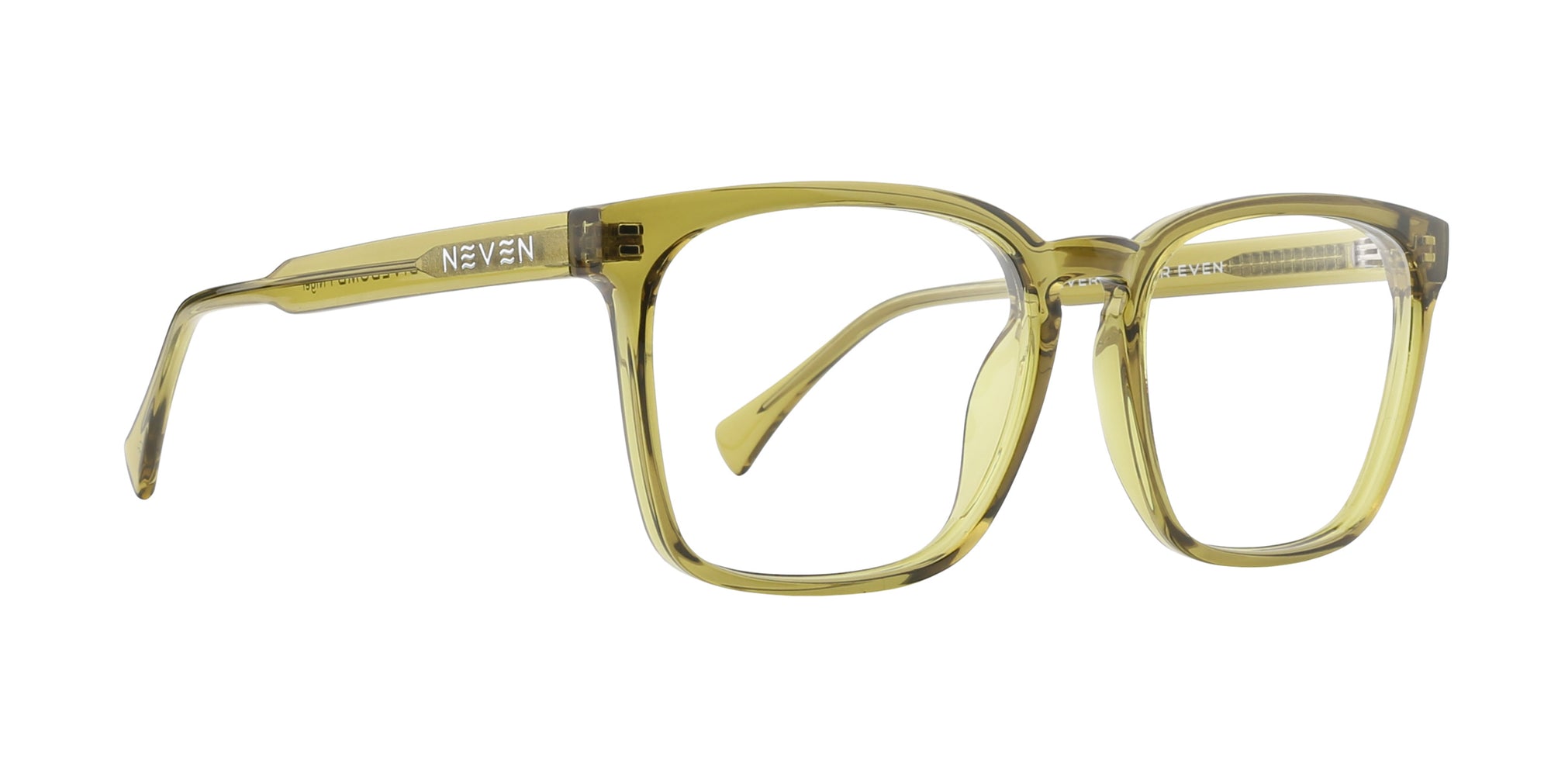 Yellow rectangular prescription glasses with transparent olive green frame .