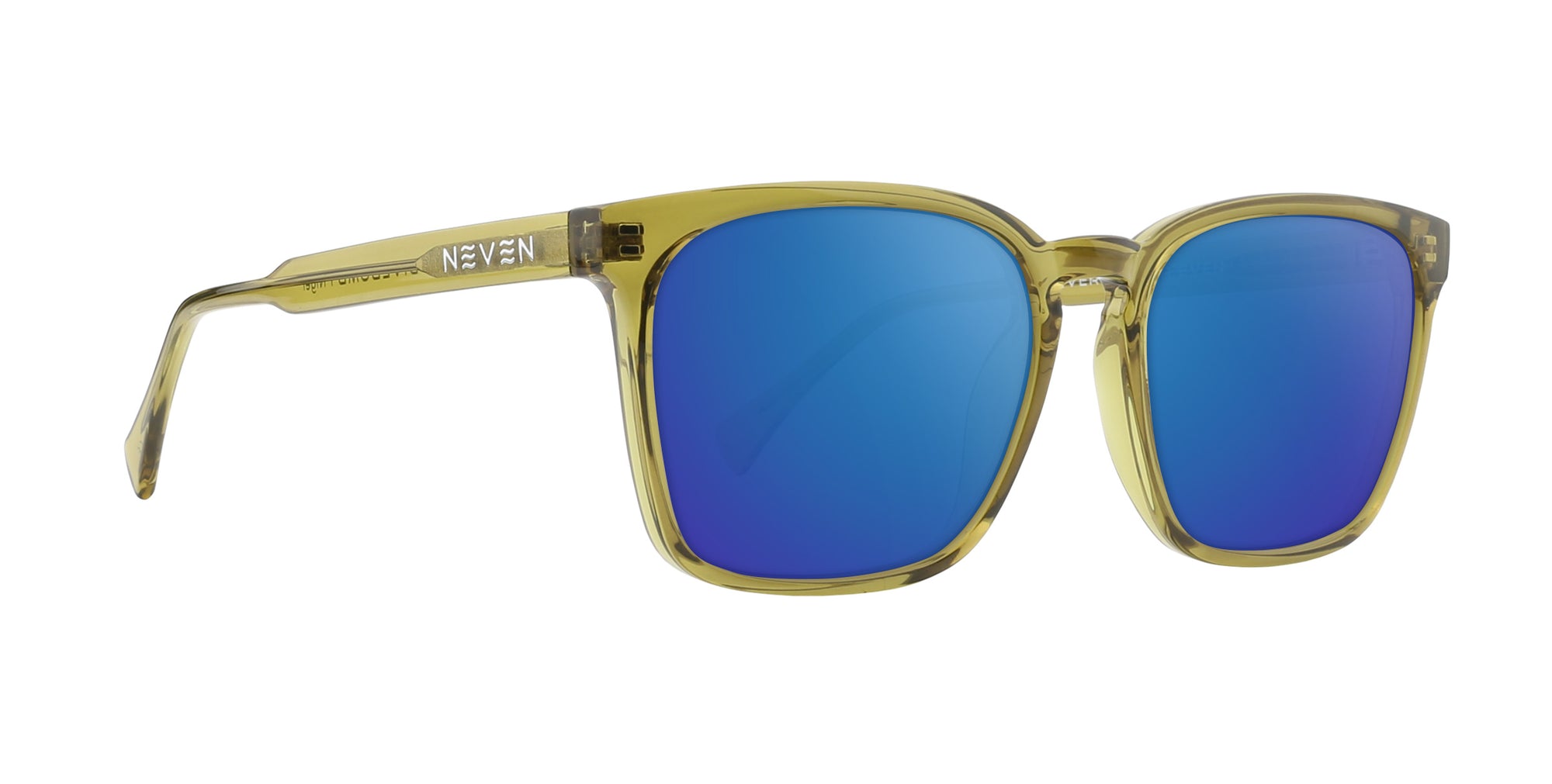 Nigel prescription glasses in yellow with blue lenses, rectangular shape.