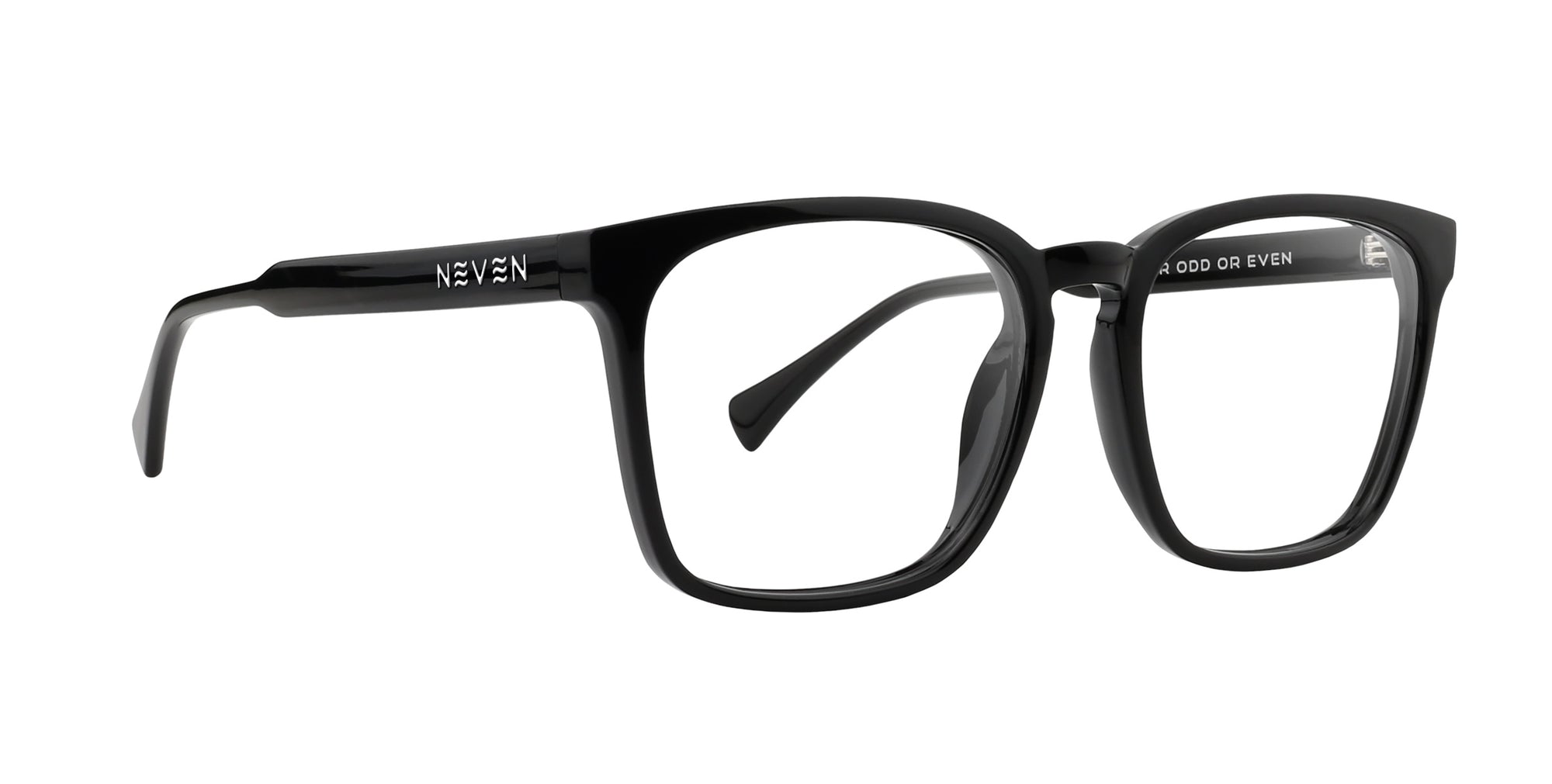 Rufus Black Rectangular prescription glasses with clear lenses and Neven branding.