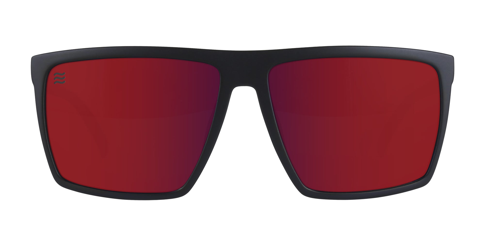 Black frame sunglasses with red polarized lenses.