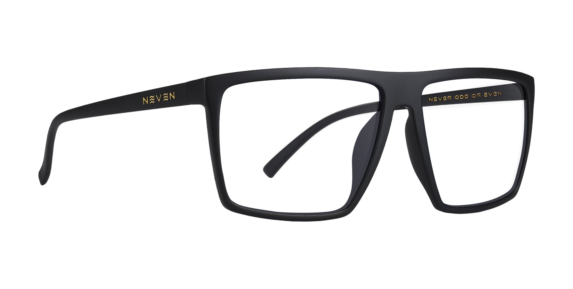 Black rectangular glasses with 'NEVEN' and 'NEVER ODD OR EVEN' text and clear lenses