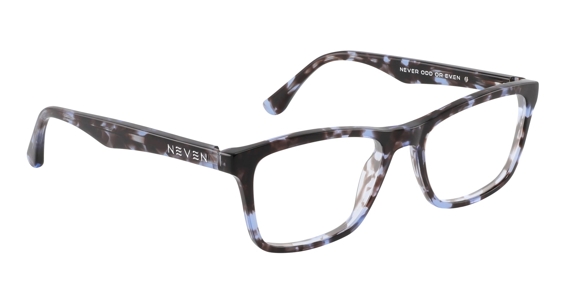 D.A.D.M. blue tortoiseshell rectangular prescription glasses from Neven Eyewear Pair name: D.A.D.M. Frame shape: rectangular.