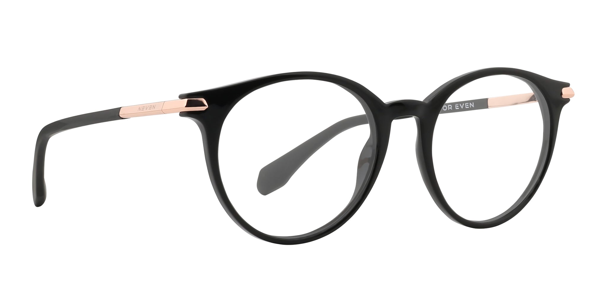 Jules eyeglasses with black frame and rose gold accents and clear lenses