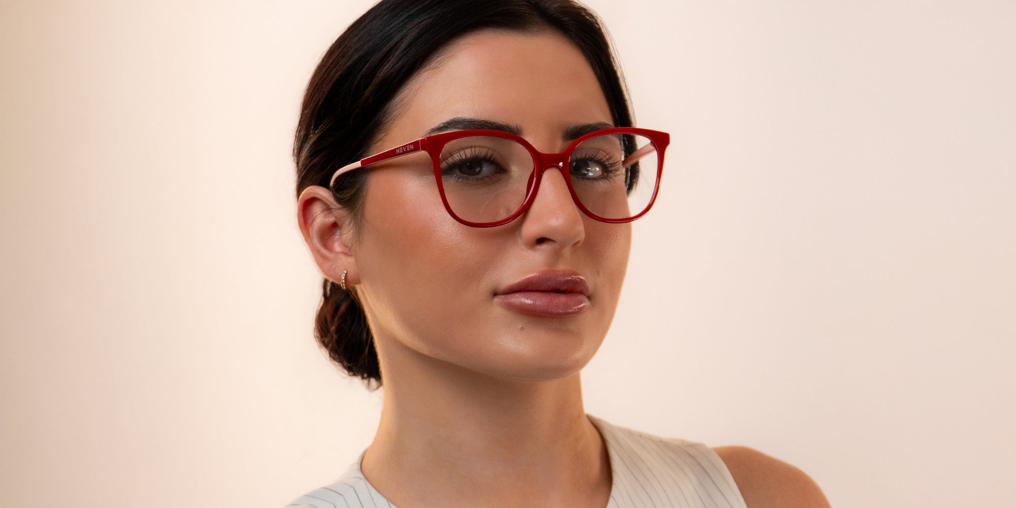 Lynne red cat-eye prescription glasses from Neven Eyewear.