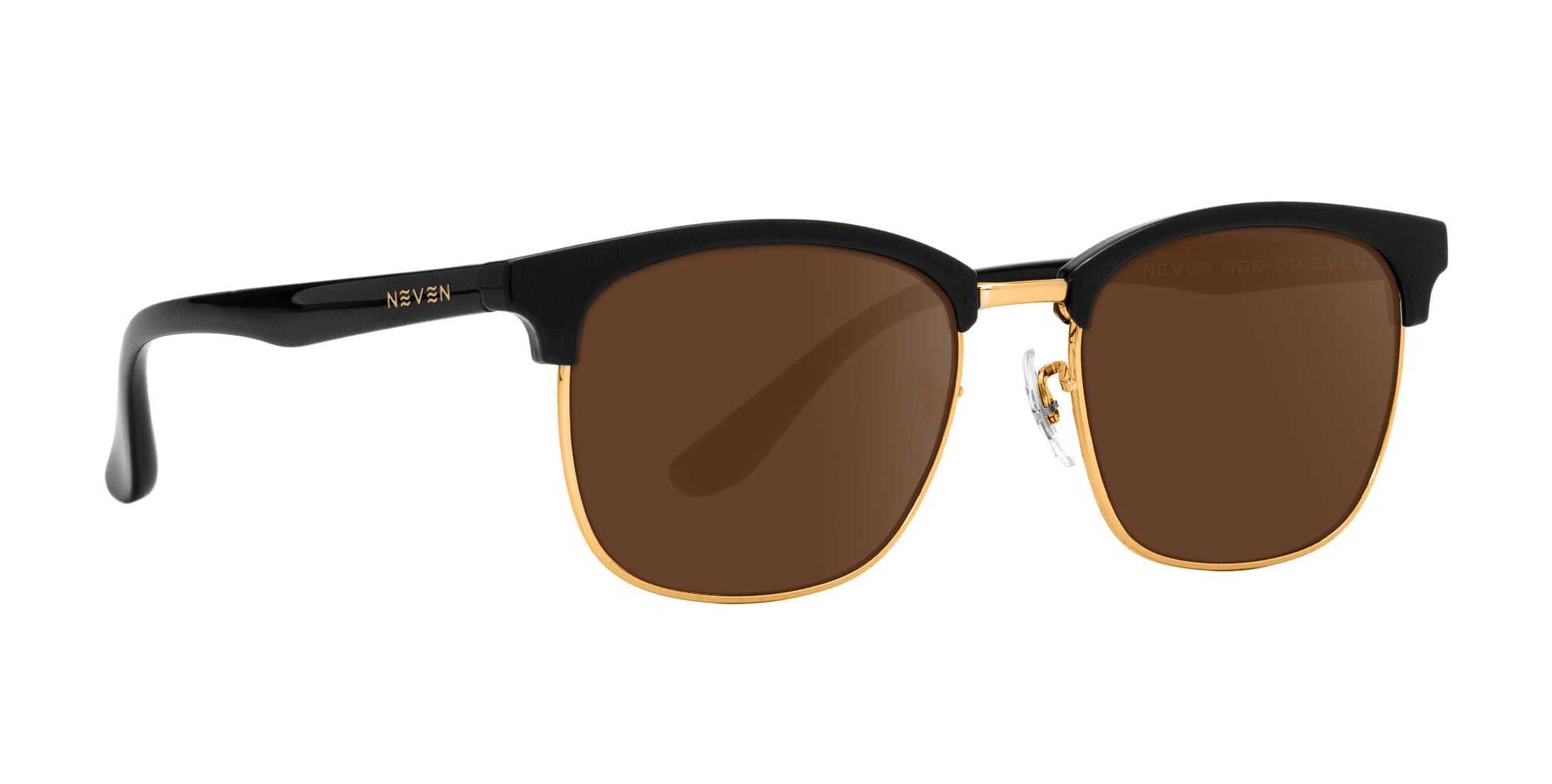 Gold Rush black rectangular prescription glasses with brown lenses .