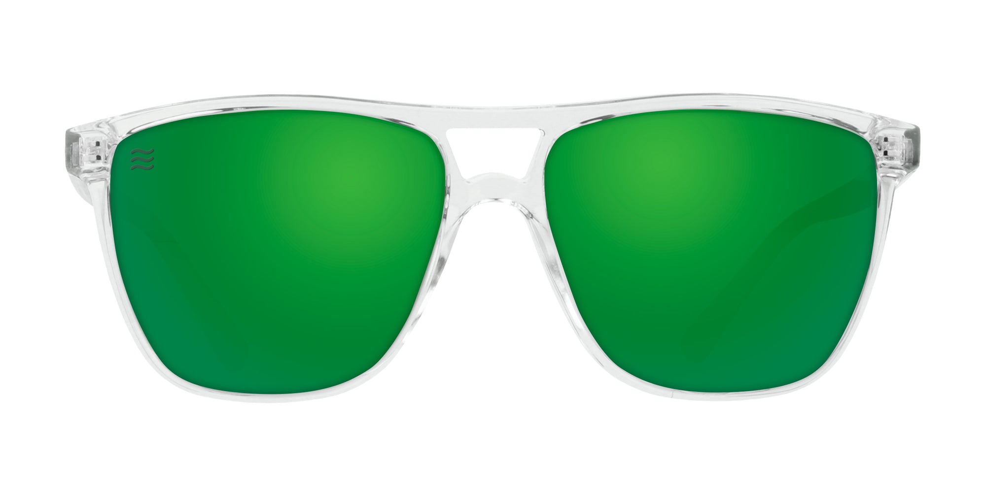 Clear frame sunglasses with green lenses