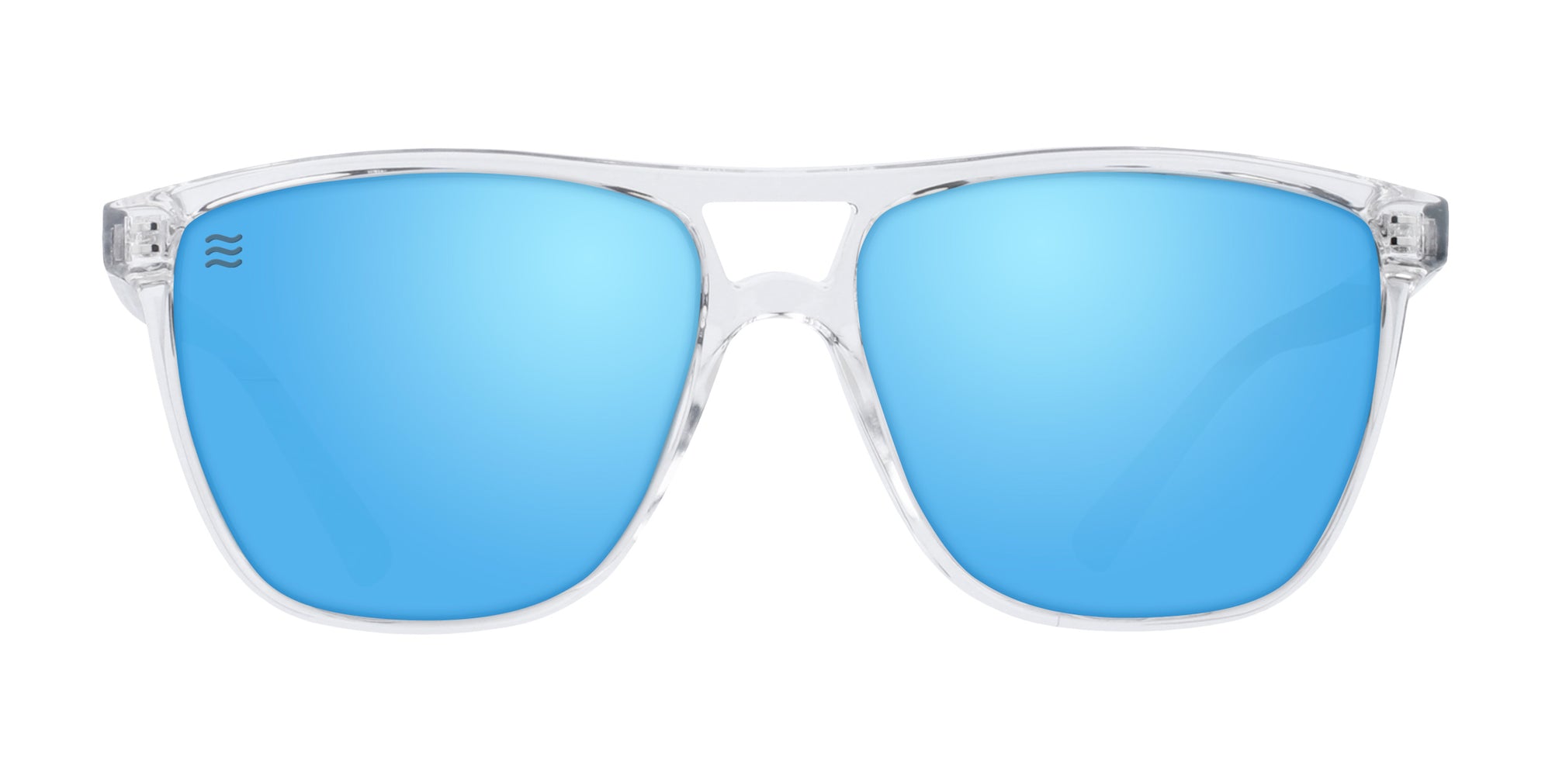 Lucid clear rectangular polarized sunglasses with blue lenses.