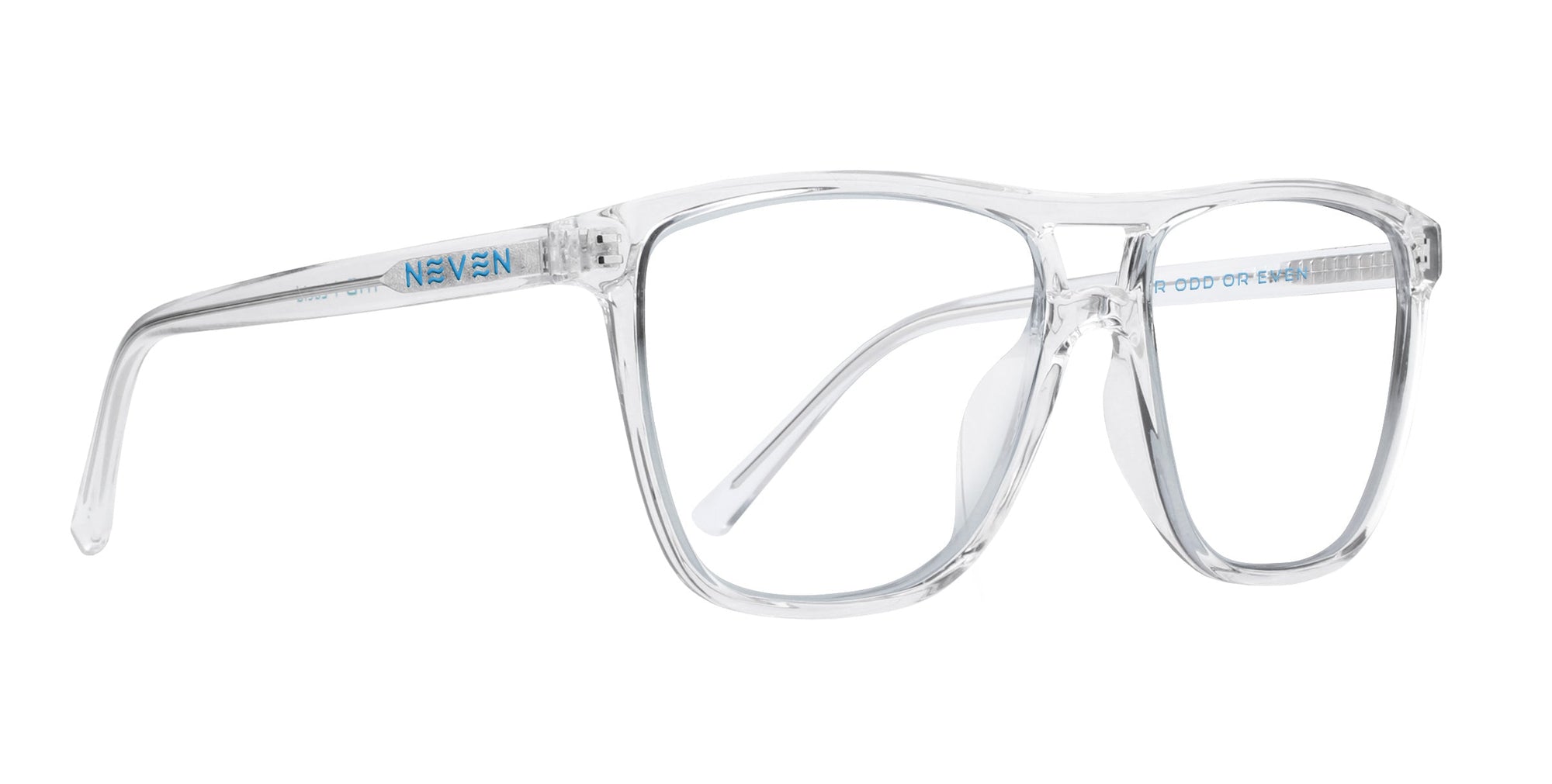 Clear frame Lucid glasses with blue detailing on the side