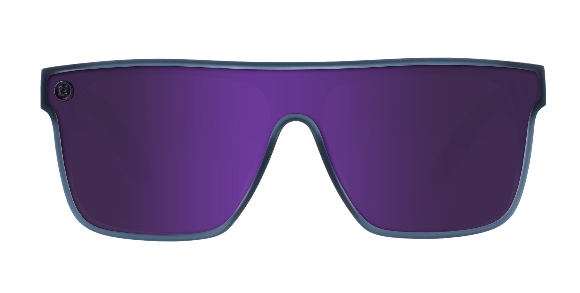 Front view of sunglasses with purple lenses and a transparent gray frame.