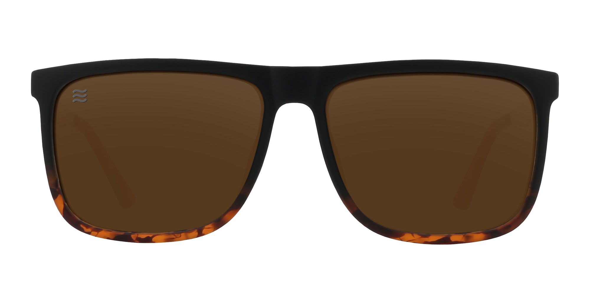 Black and tortoiseshell sunglasses with brown lenses.