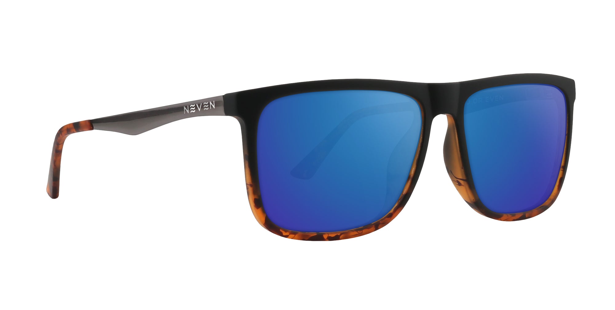 Repeater rectangular prescription glasses in black and tortoiseshell with blue lenses.
