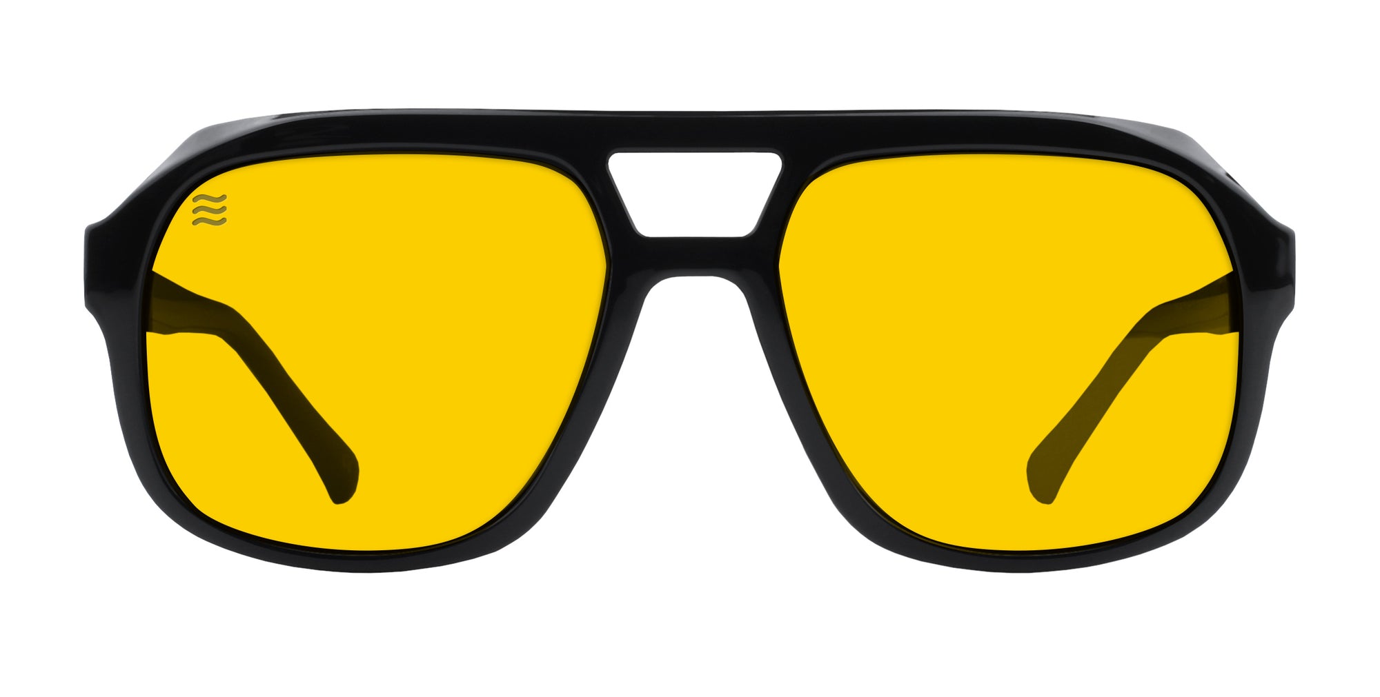 Black sunglasses with yellow lenses, front view.