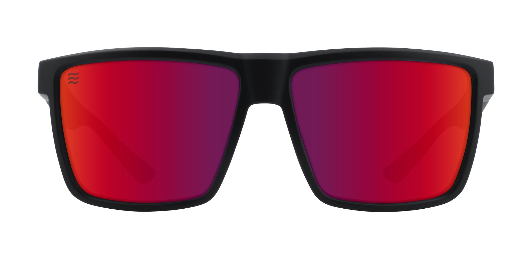 Front view of black sunglasses with red polarized lenses.