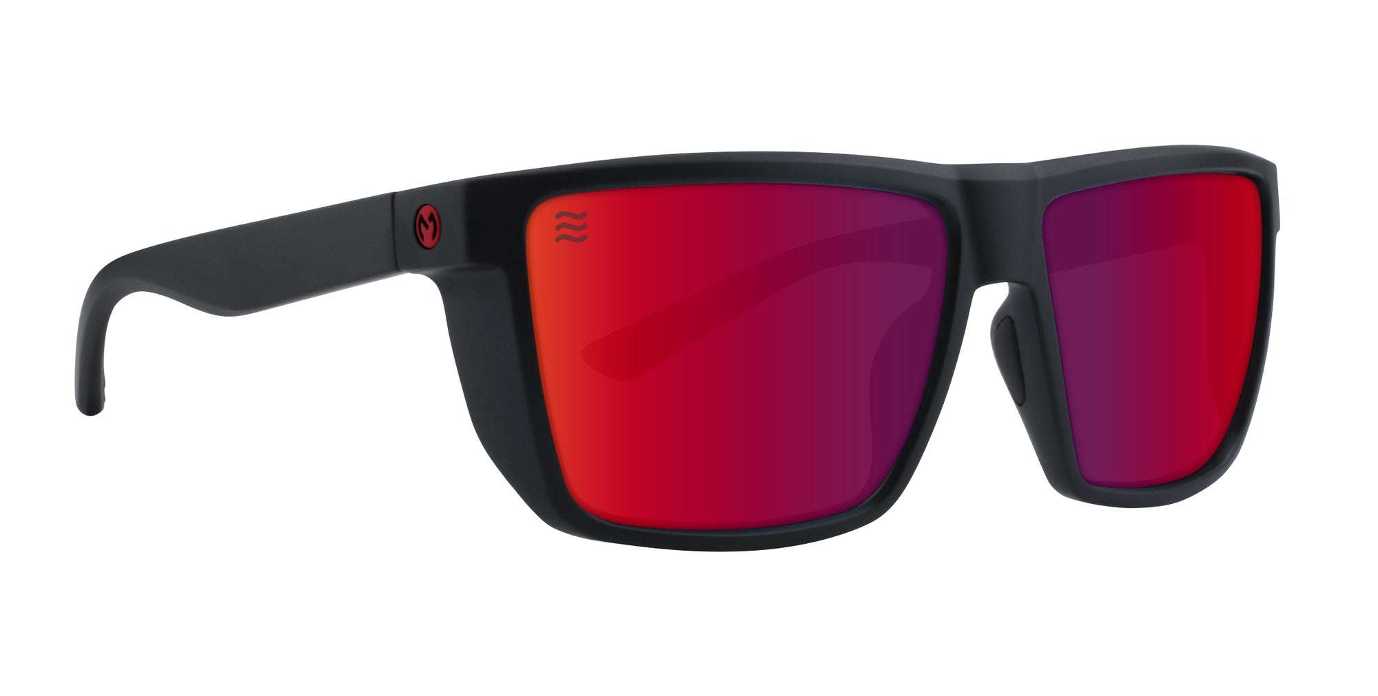 Black sunglasses with red polarized lenses, featuring a logo on the side.