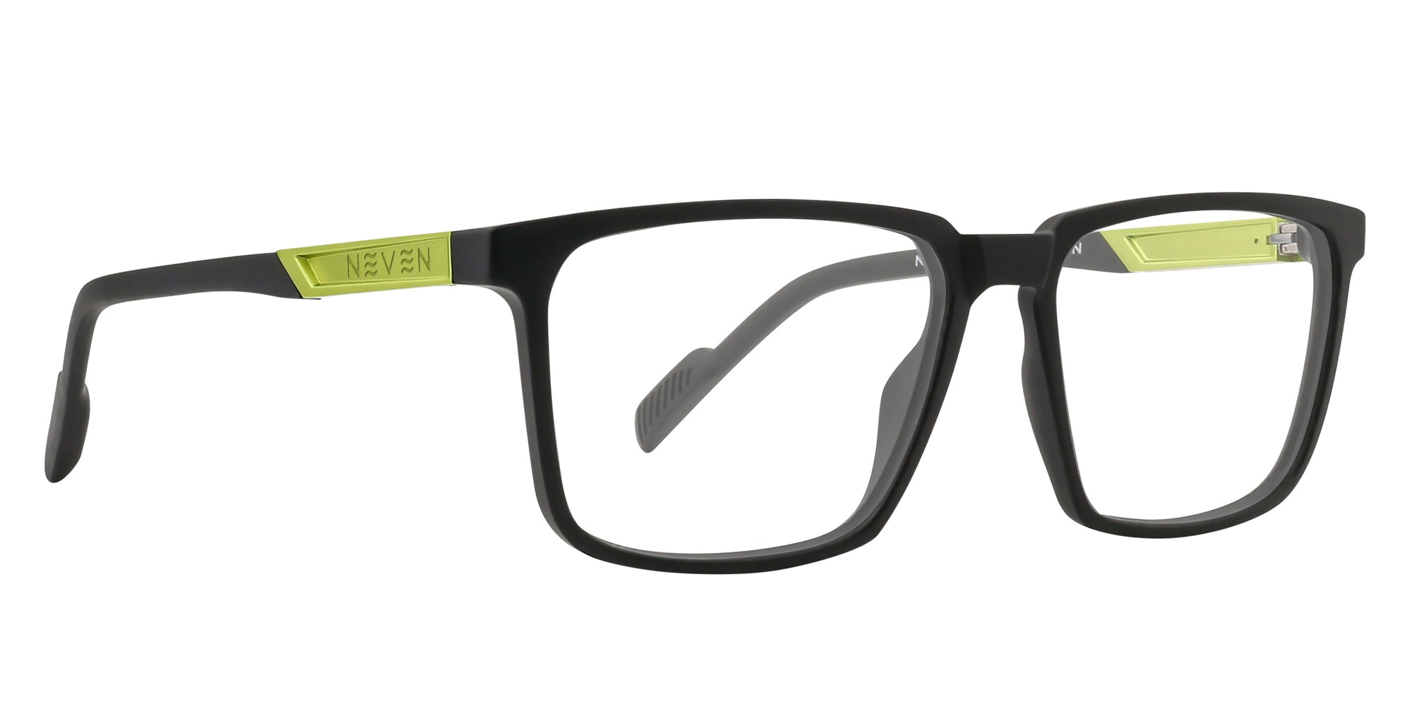 Morpheus eyeglasses with a black frame and green accents