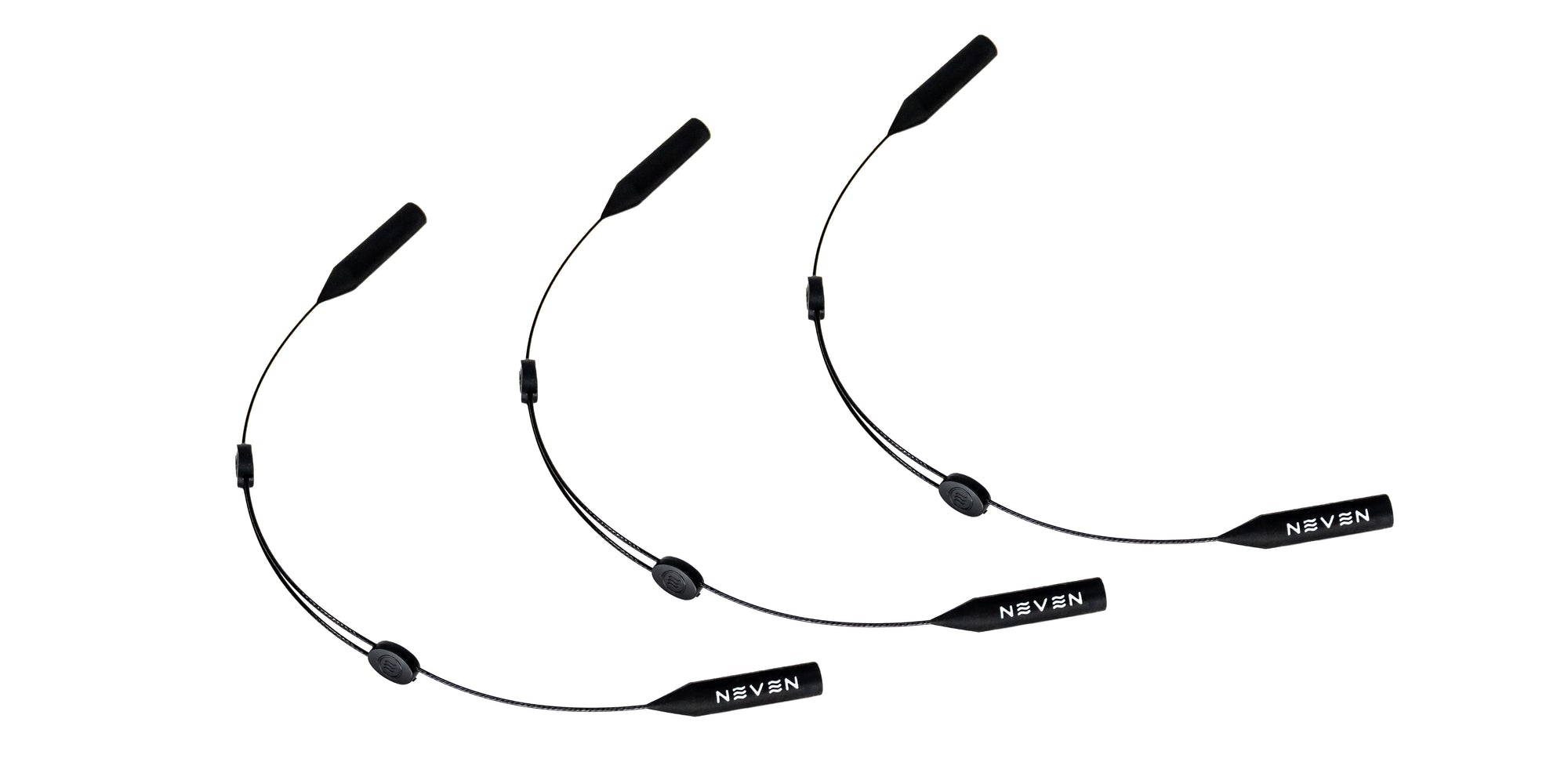 Three Neven Eyewear wire retainers with adjustable lengths and small branded pendants on a white background.
