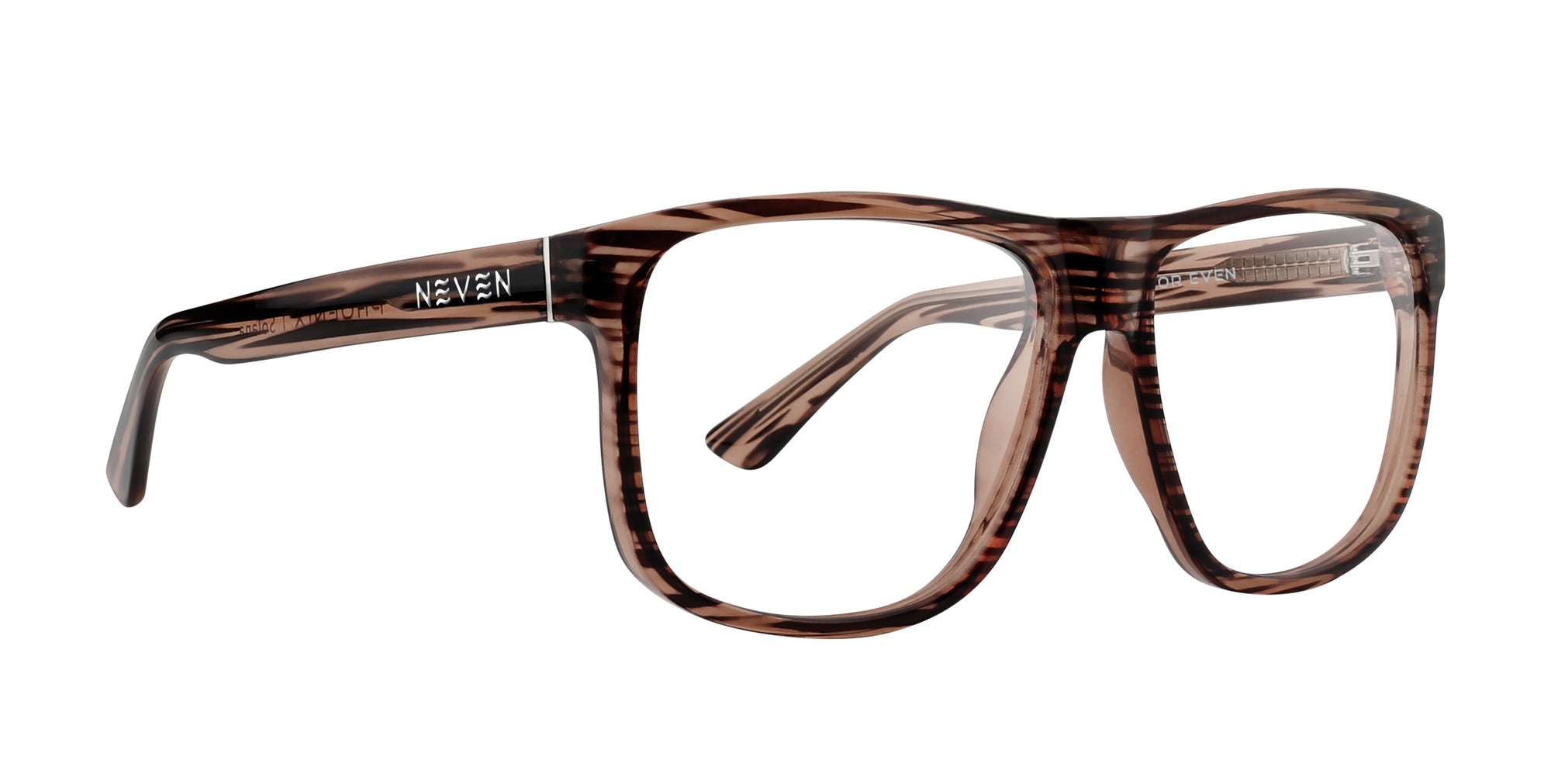 Solana prescription glasses in brown with a rectangular frame design, featuring a striped pattern.