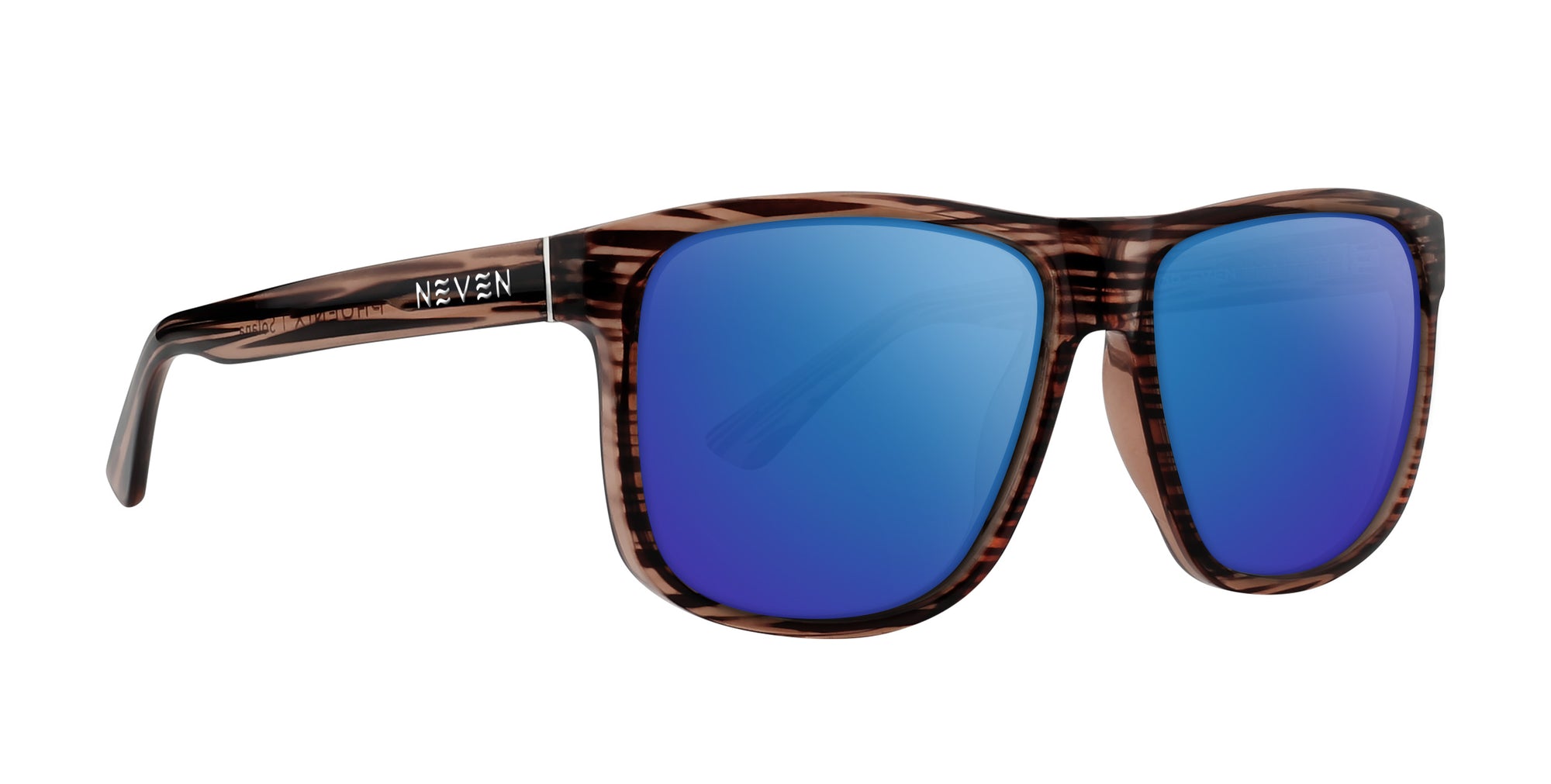 Solana brown rectangular prescription glasses with blue lenses.