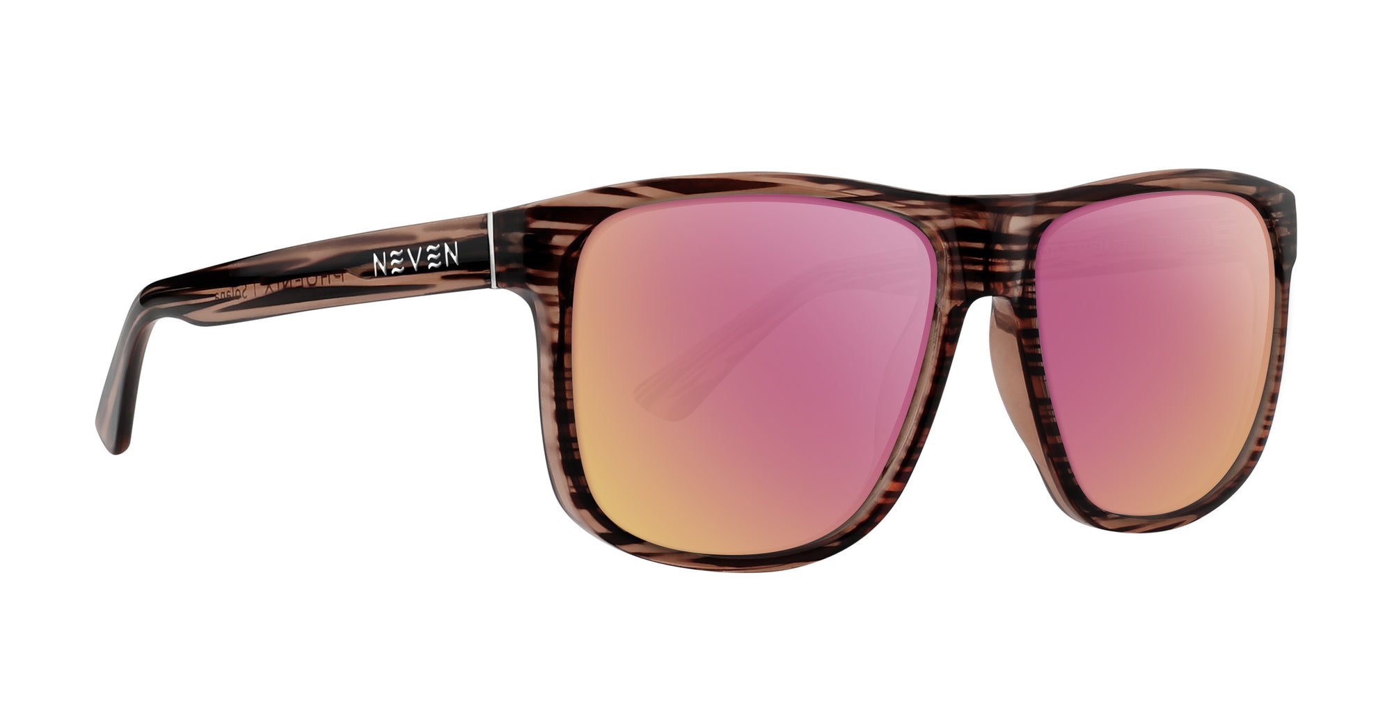 Solana brown rectangular prescription glasses with pink lenses .