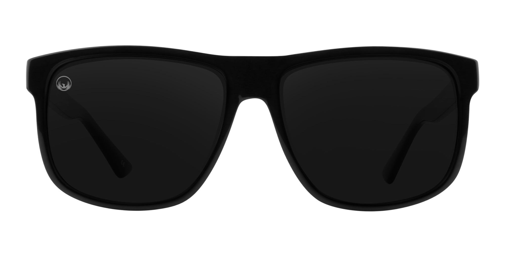 Front view of black sunglasses with dark polarized lenses.