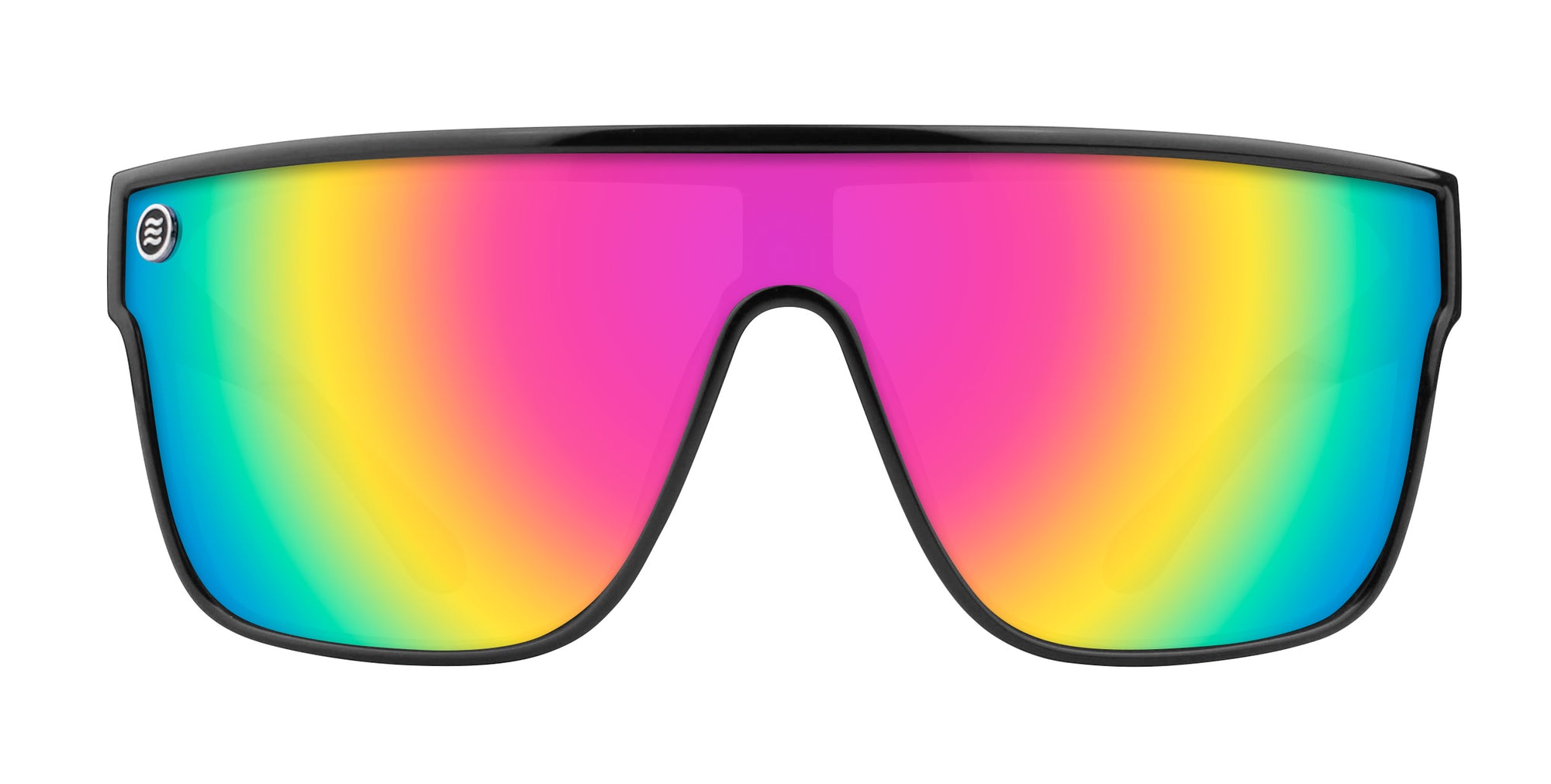 Black sunglasses with a rainbow lens effect, showcasing vibrant colors.