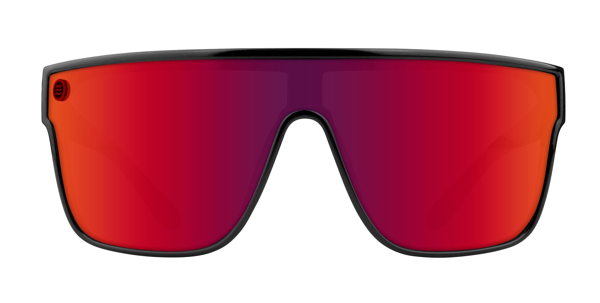 Well Done red shield polarized sunglasses with black frame and red lenses.